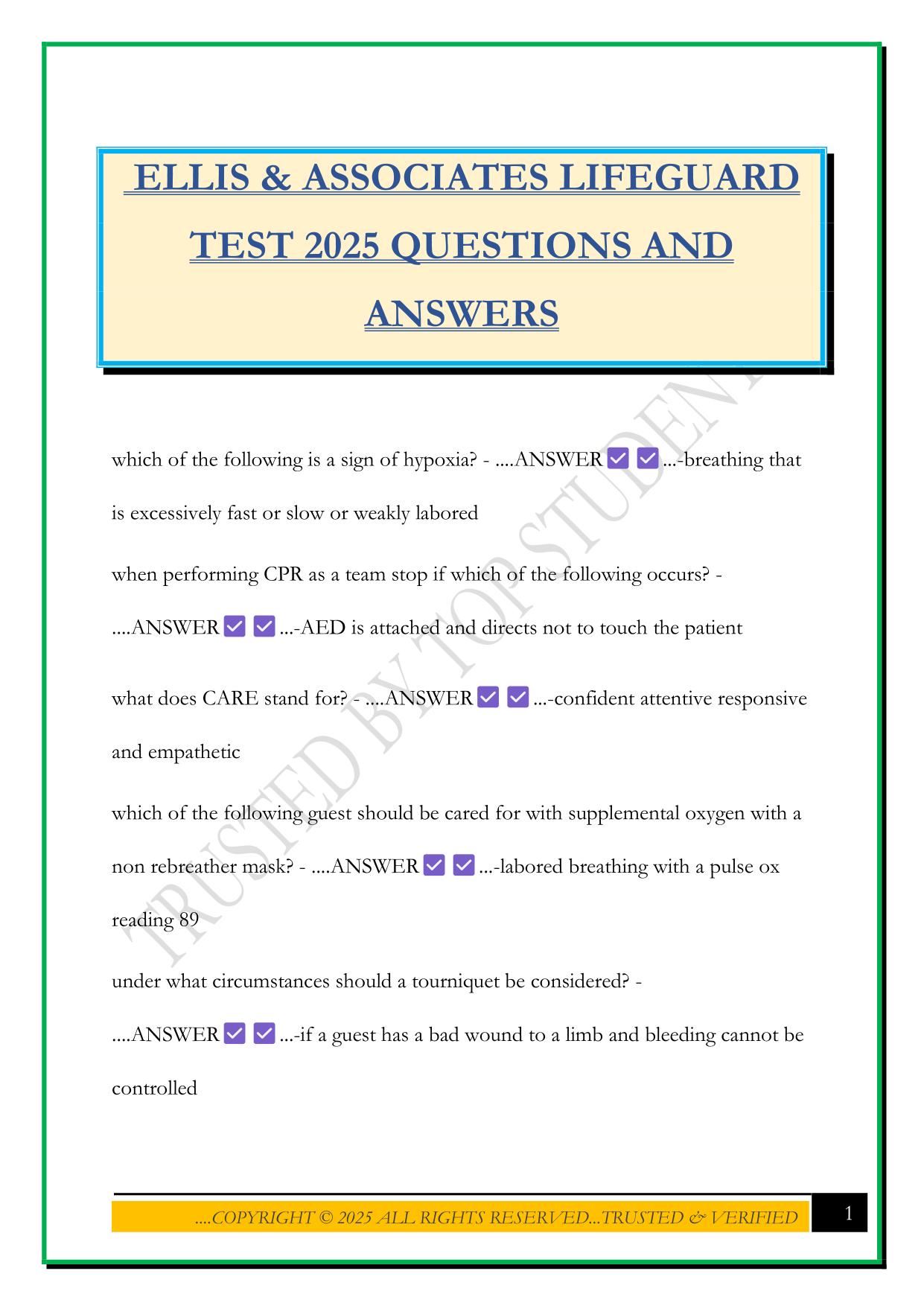 ELLIS & ASSOCIATES LIFEGUARD TEST 2025 QUESTIONS AND ANSWERS
