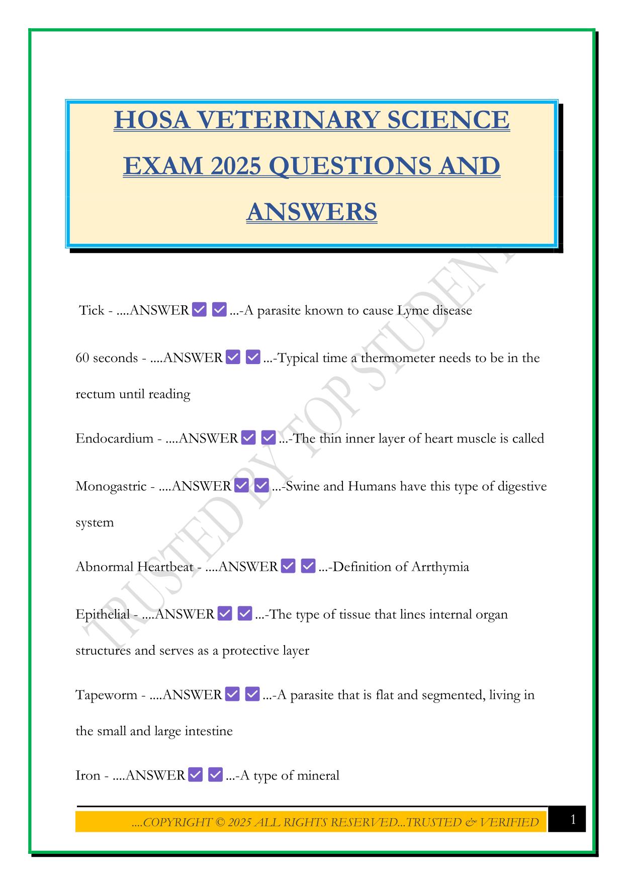 HOSA VETERINARY SCIENCE EXAM 2025 QUESTIONS AND ANSWERS