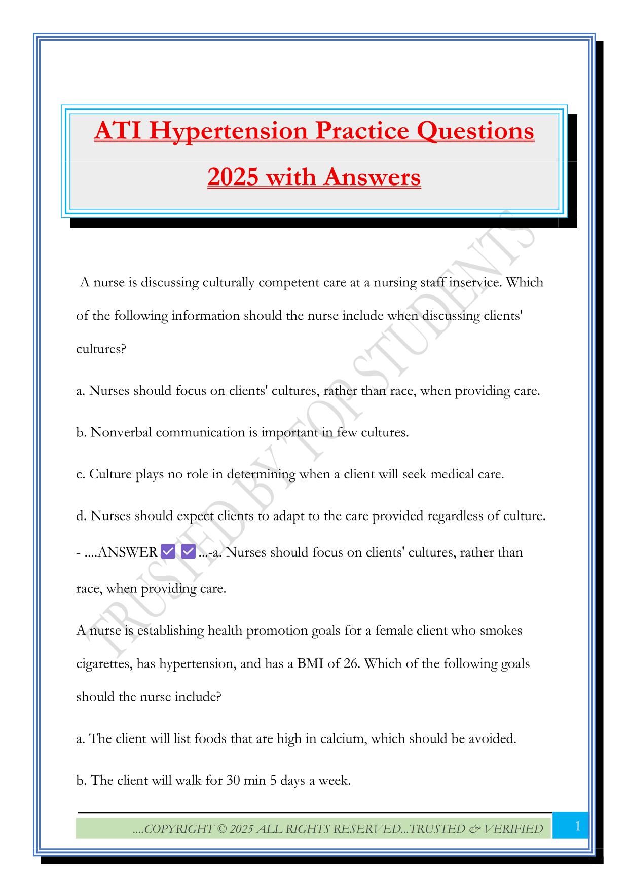 ATI Hypertension Practice Questions 2025 with Answers