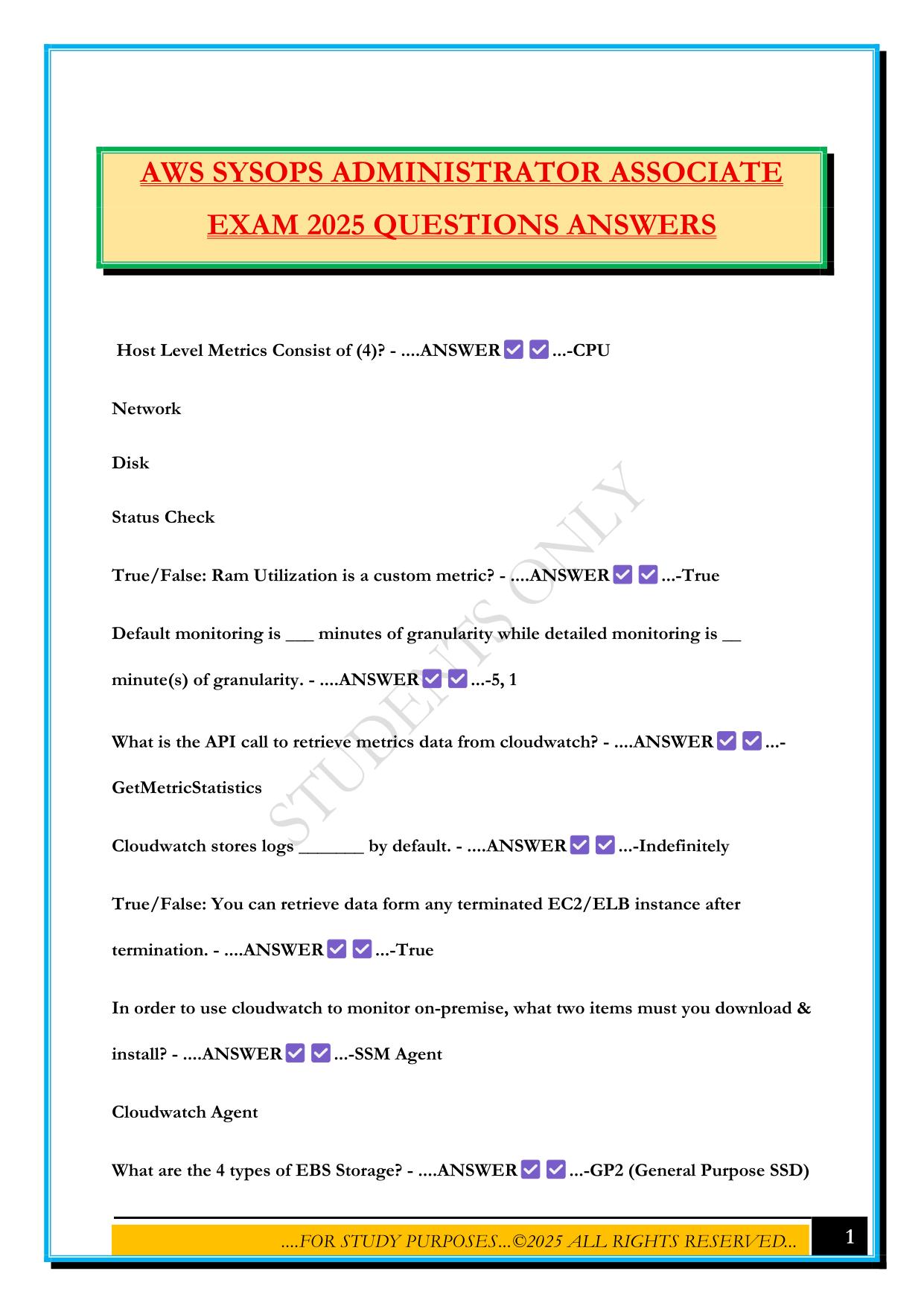 AWS SYSOPS ADMINISTRATOR ASSOCIATE EXAM 2025 QUESTIONS ANSWERS