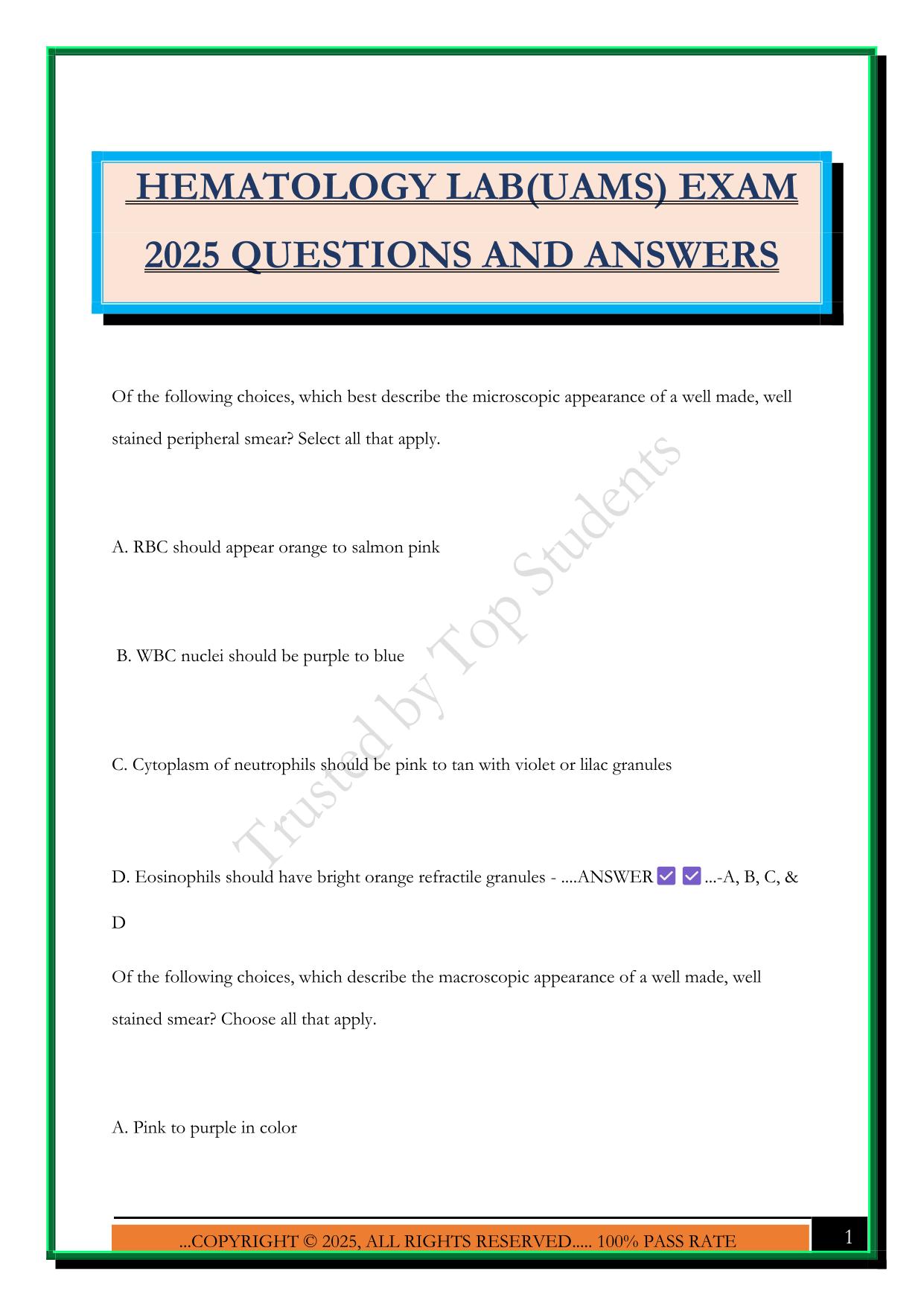 HEMATOLOGY LAB(UAMS) EXAM 2025 QUESTIONS AND ANSWERS