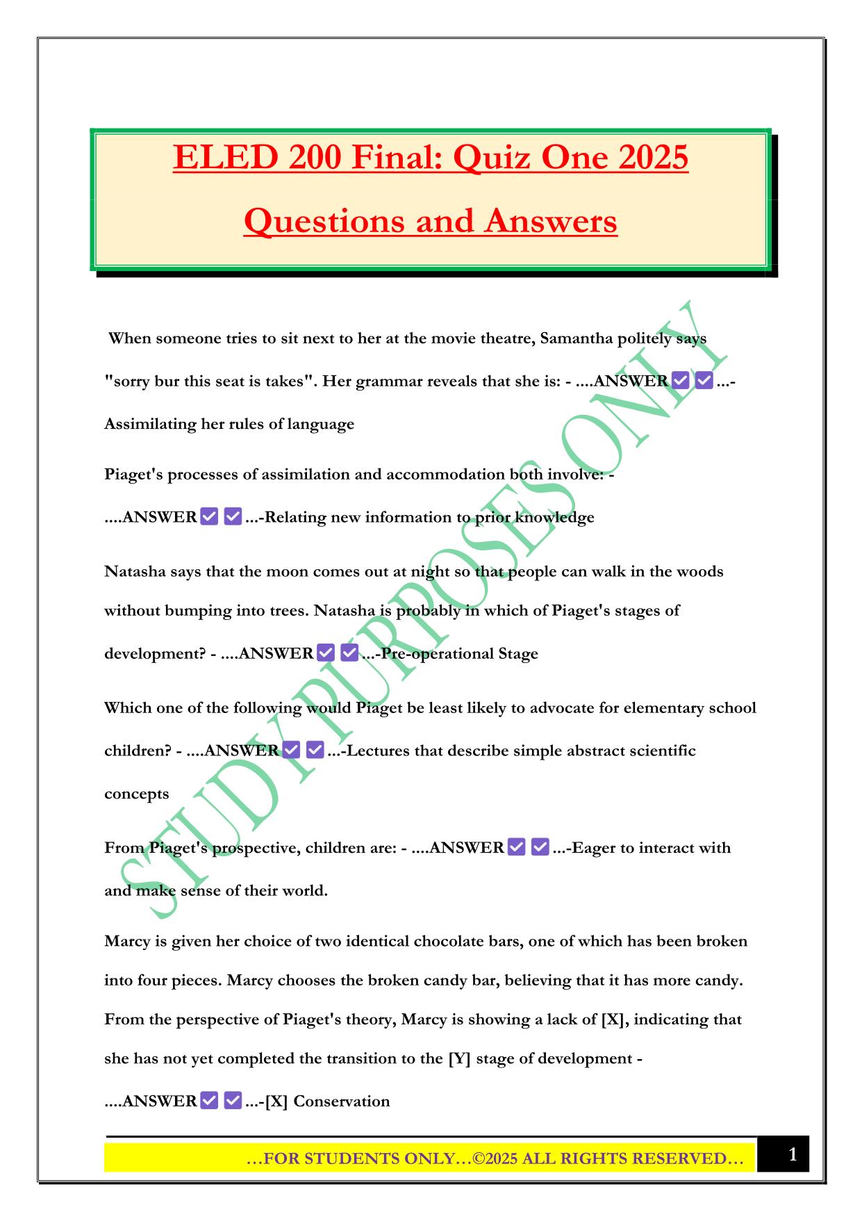 ELED Bundled Exams 2025/2026 |Questions and Answers |100% Pass