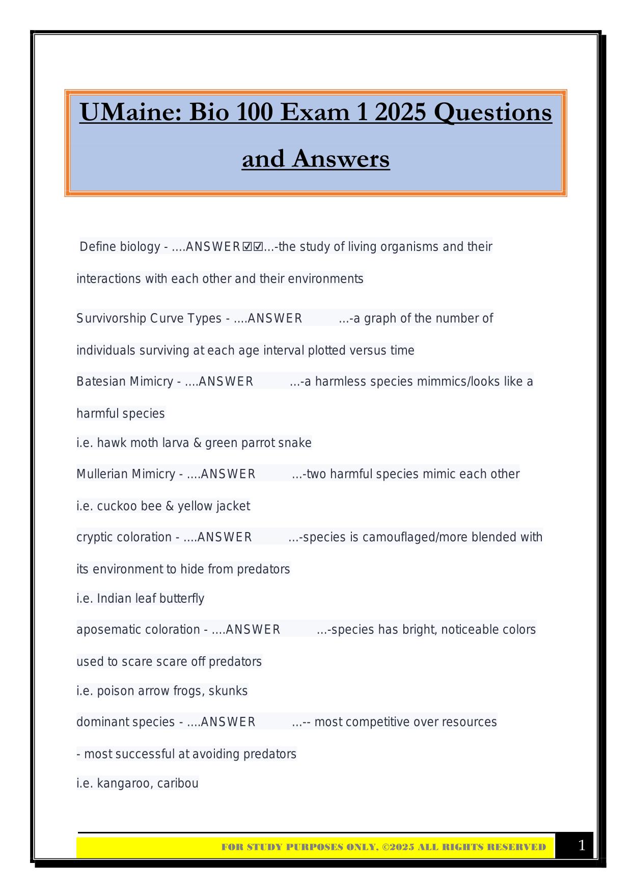 UMaine: Bio 100 Exam 1 2025 Questions and Answers