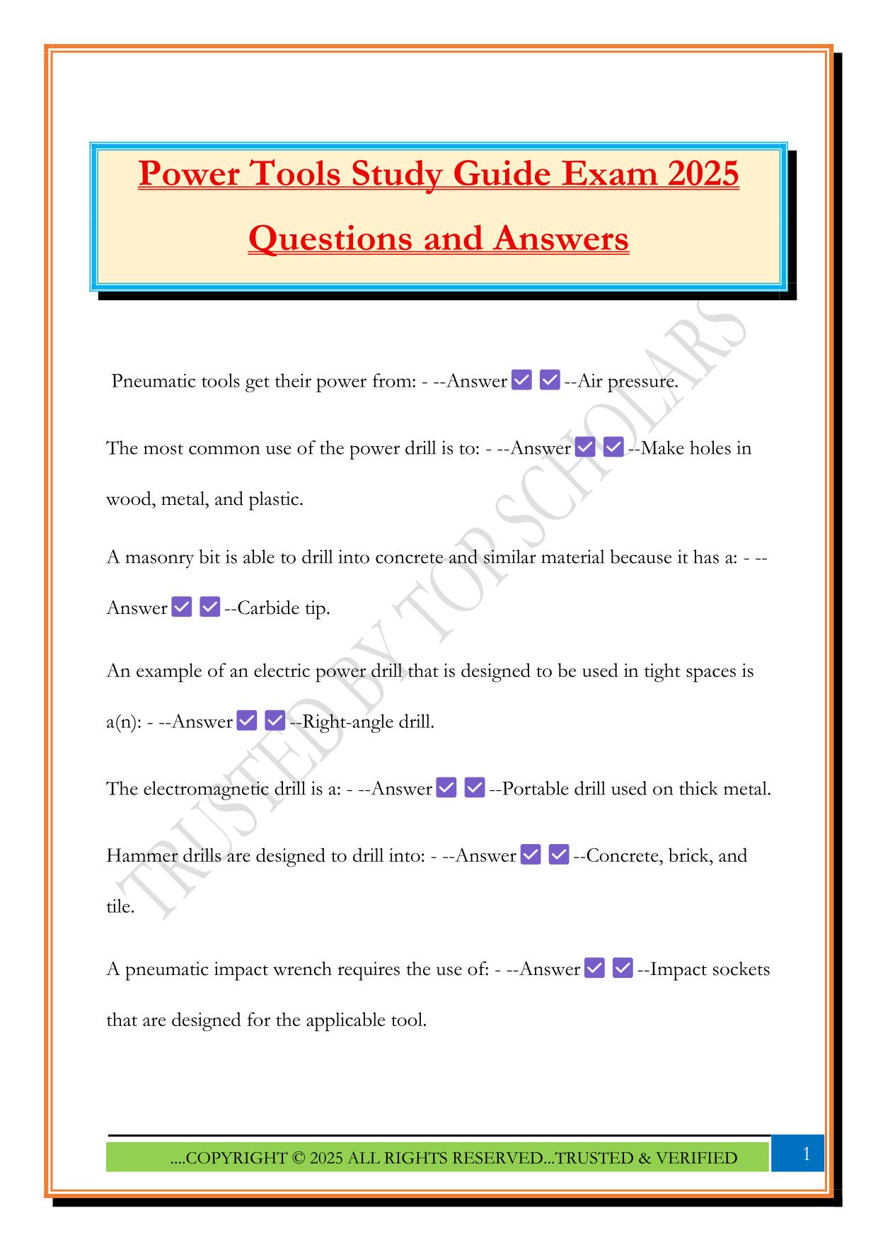 Power Tools Study Guide Exam 2025 Questions and Answers