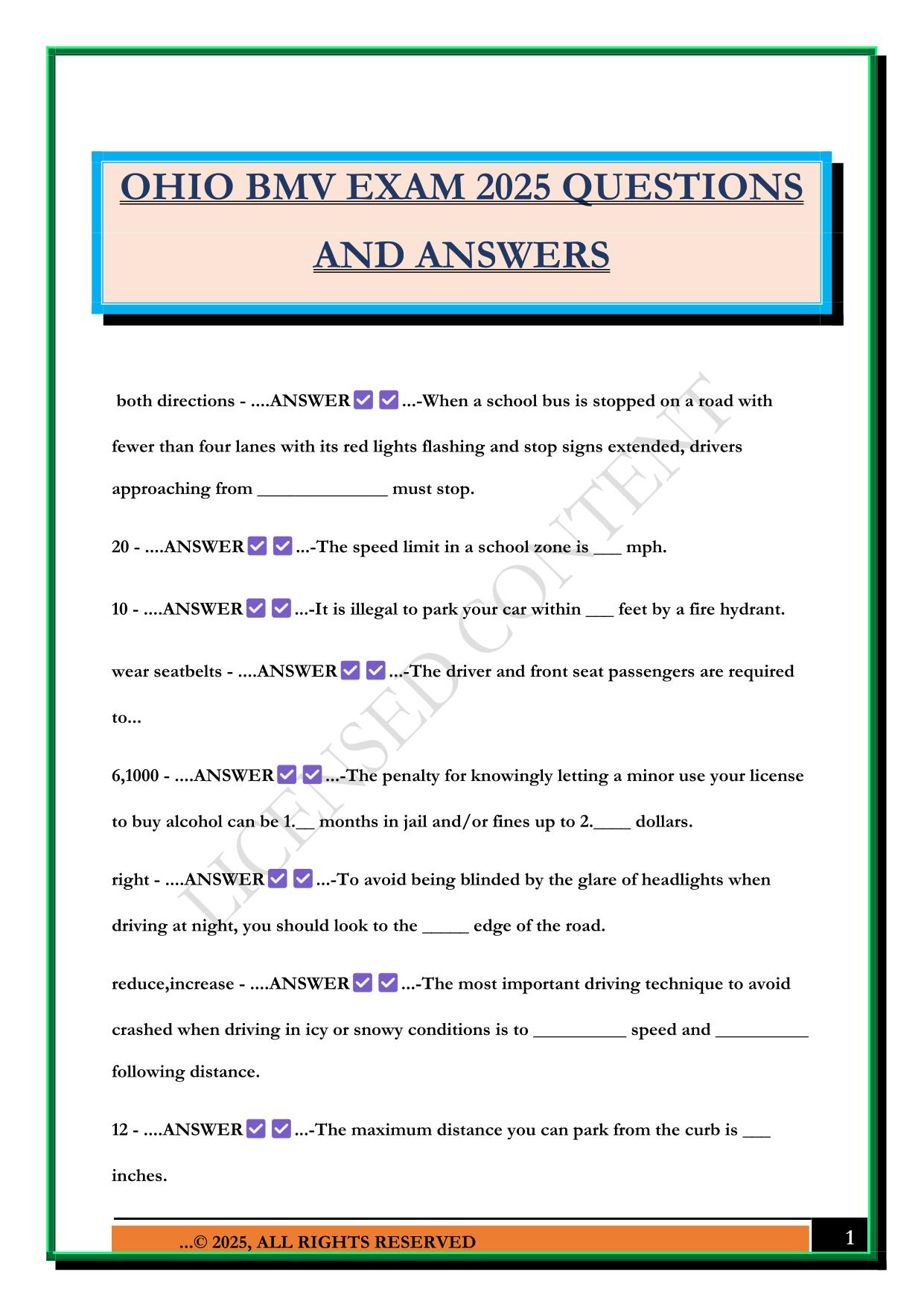 OHIO BMV EXAM 2025 QUESTIONS AND ANSWERS