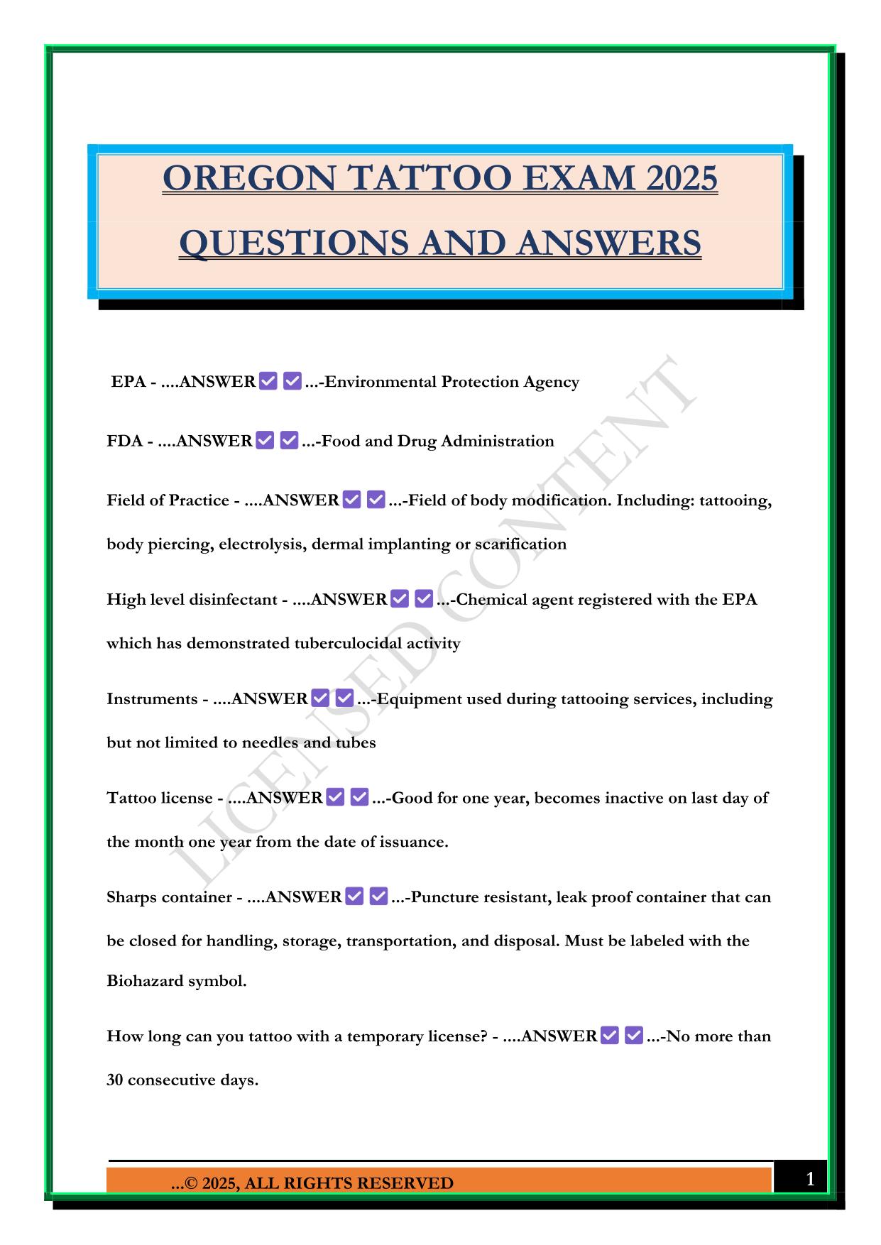 OREGON TATTOO EXAM 2025 QUESTIONS AND ANSWERS