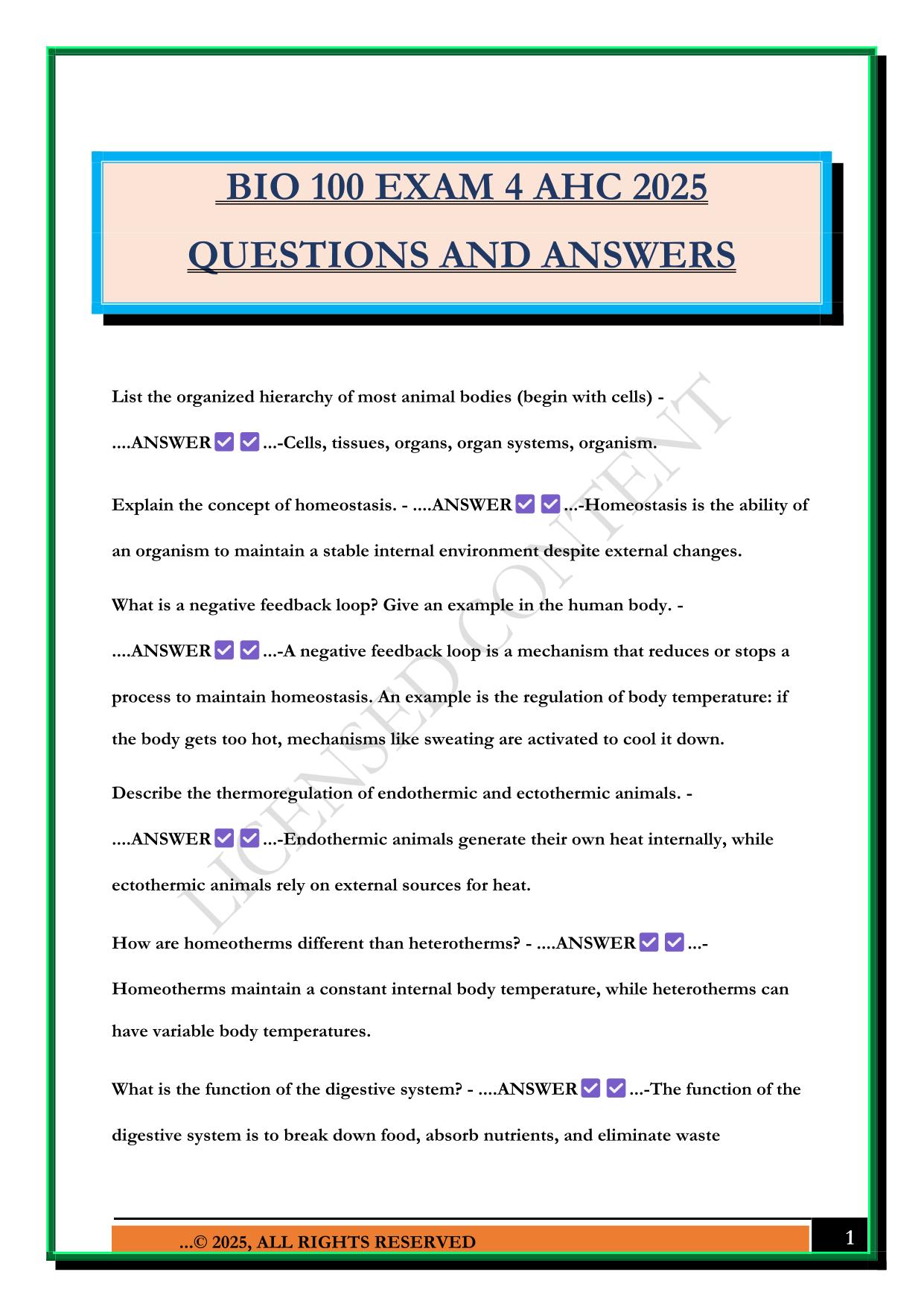 BIO 100 EXAM 4 AHC 2025 QUESTIONS AND ANSWERS