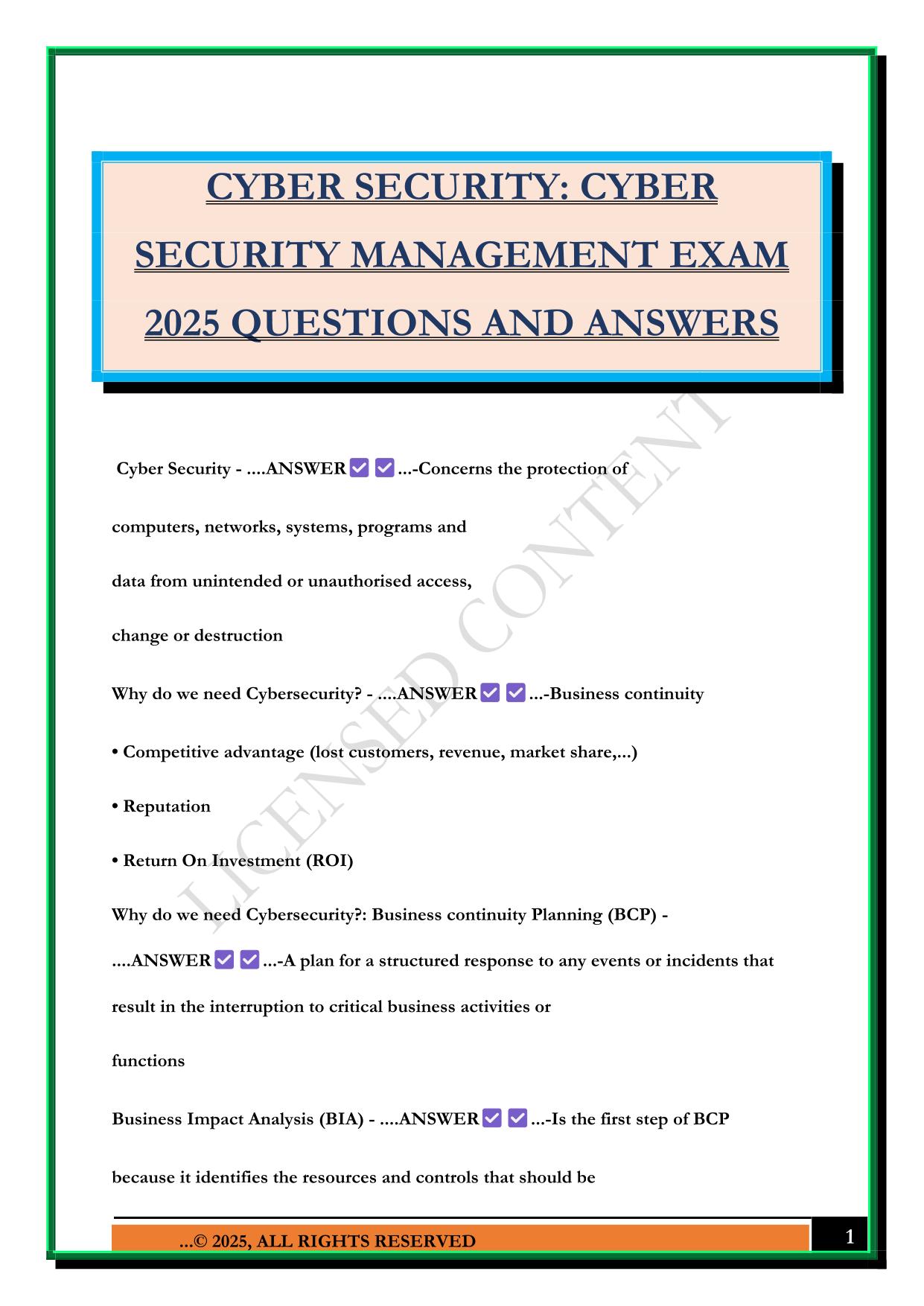 CYBER SECURITY: CYBER SECURITY MANAGEMENT EXAM 2025 QUESTIONS AND ANSWERS