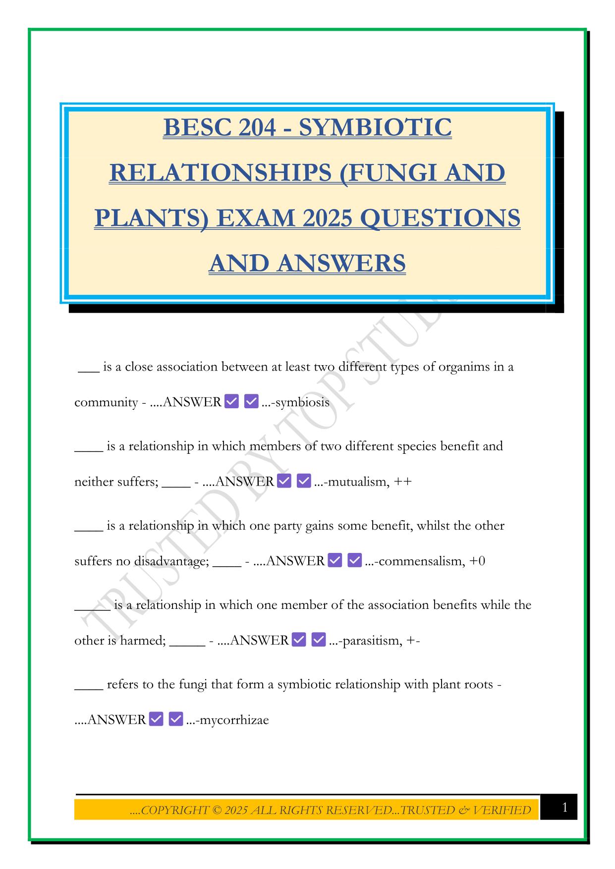 BESC 204 - SYMBIOTIC RELATIONSHIPS (FUNGI AND PLANTS) EXAM 2025 QUESTIONS AND ANSWERS