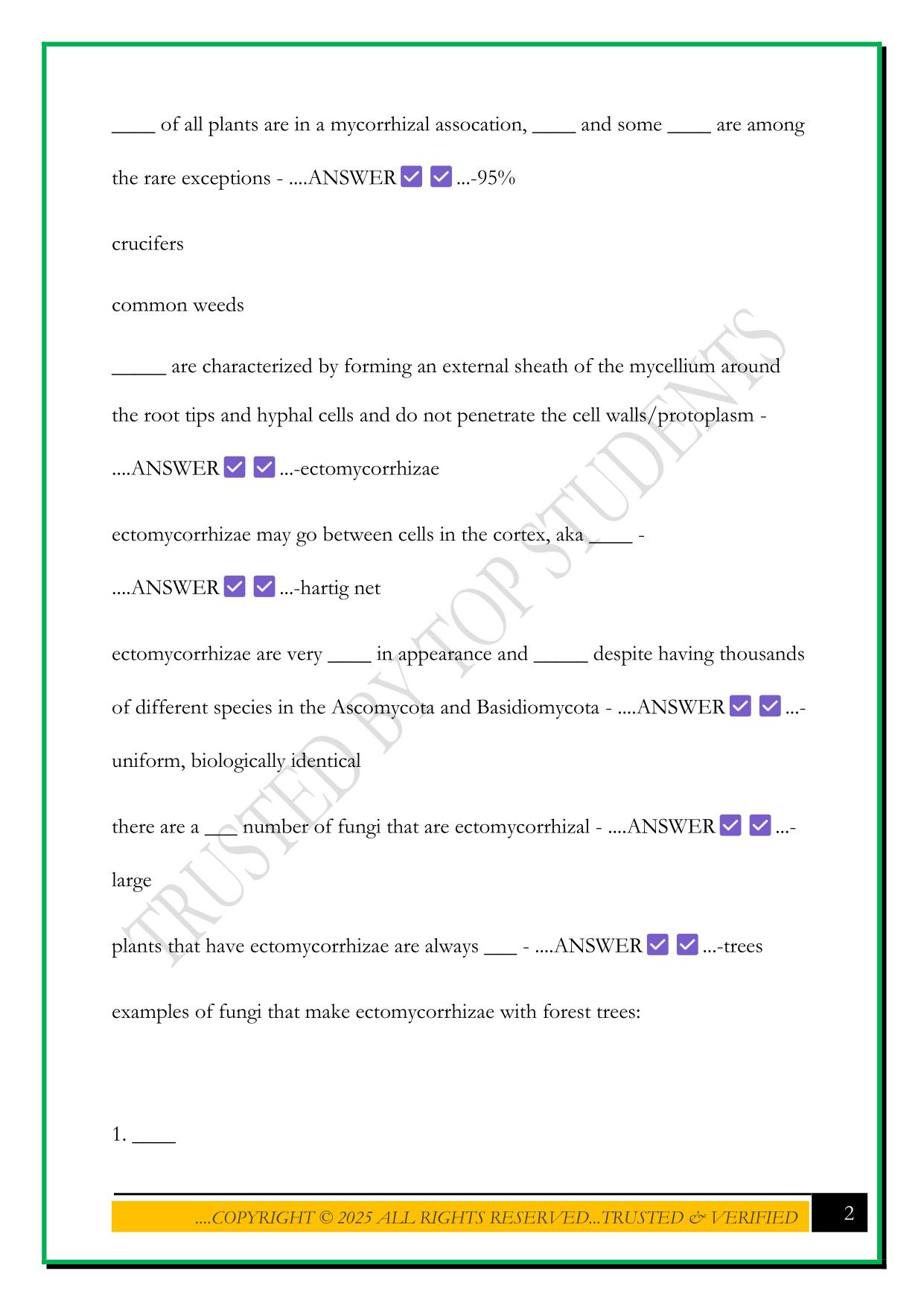 BESC 204 - SYMBIOTIC RELATIONSHIPS (FUNGI AND PLANTS) EXAM 2025 QUESTIONS AND ANSWERS