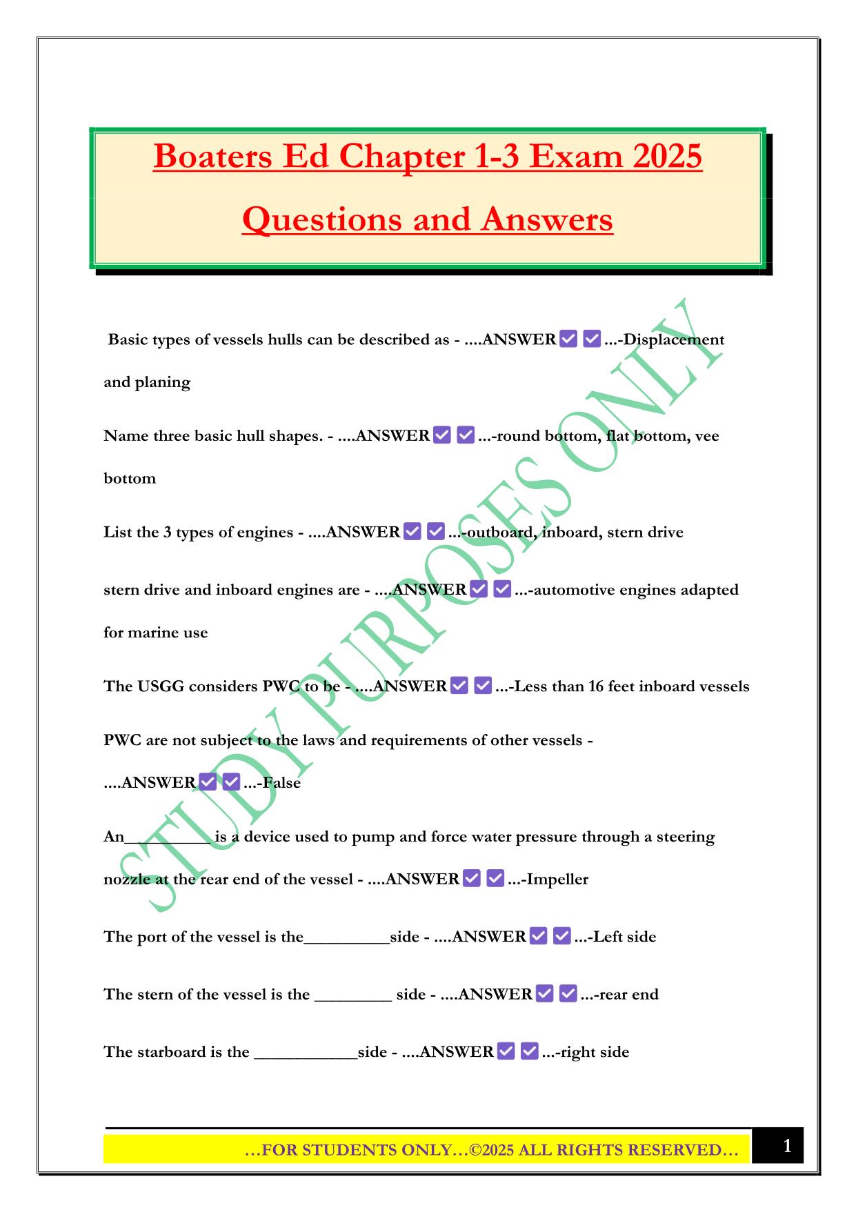 Boaters Ed Chapter 1-3 Exam 2025 Questions and Answers