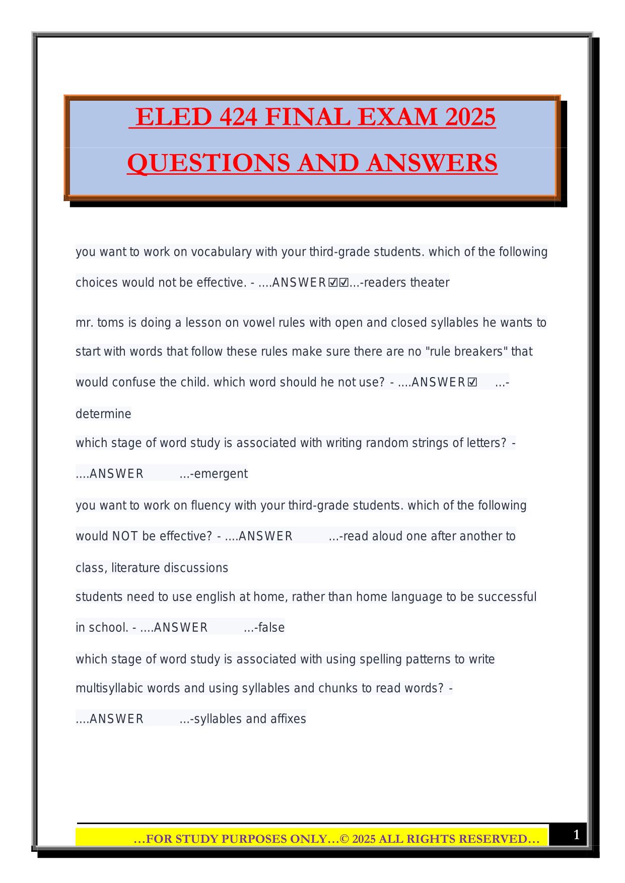 ELED 424 FINAL EXAM 2025 QUESTIONS AND ANSWERS