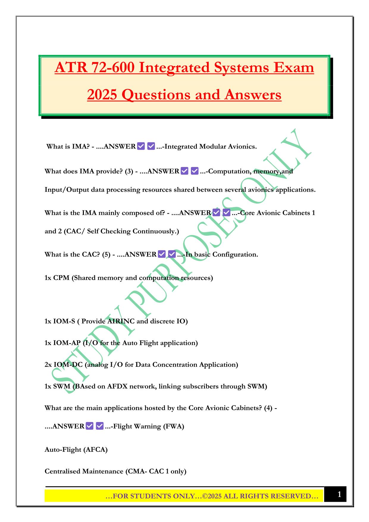 ATR 72-600 Integrated Systems Exam 2025 Questions and Answers