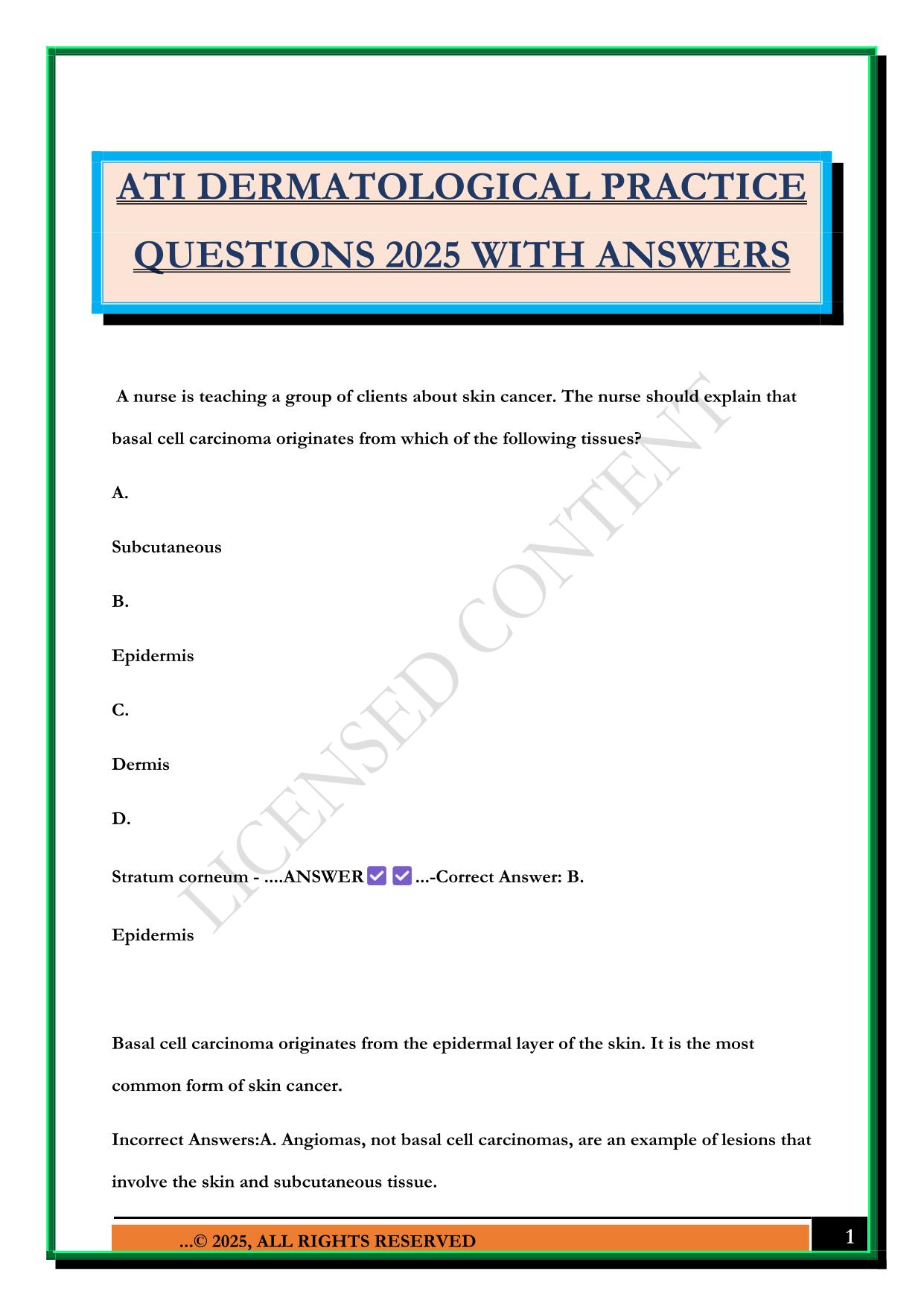 ATI DERMATOLOGICAL PRACTICE QUESTIONS 2025 WITH ANSWERS
