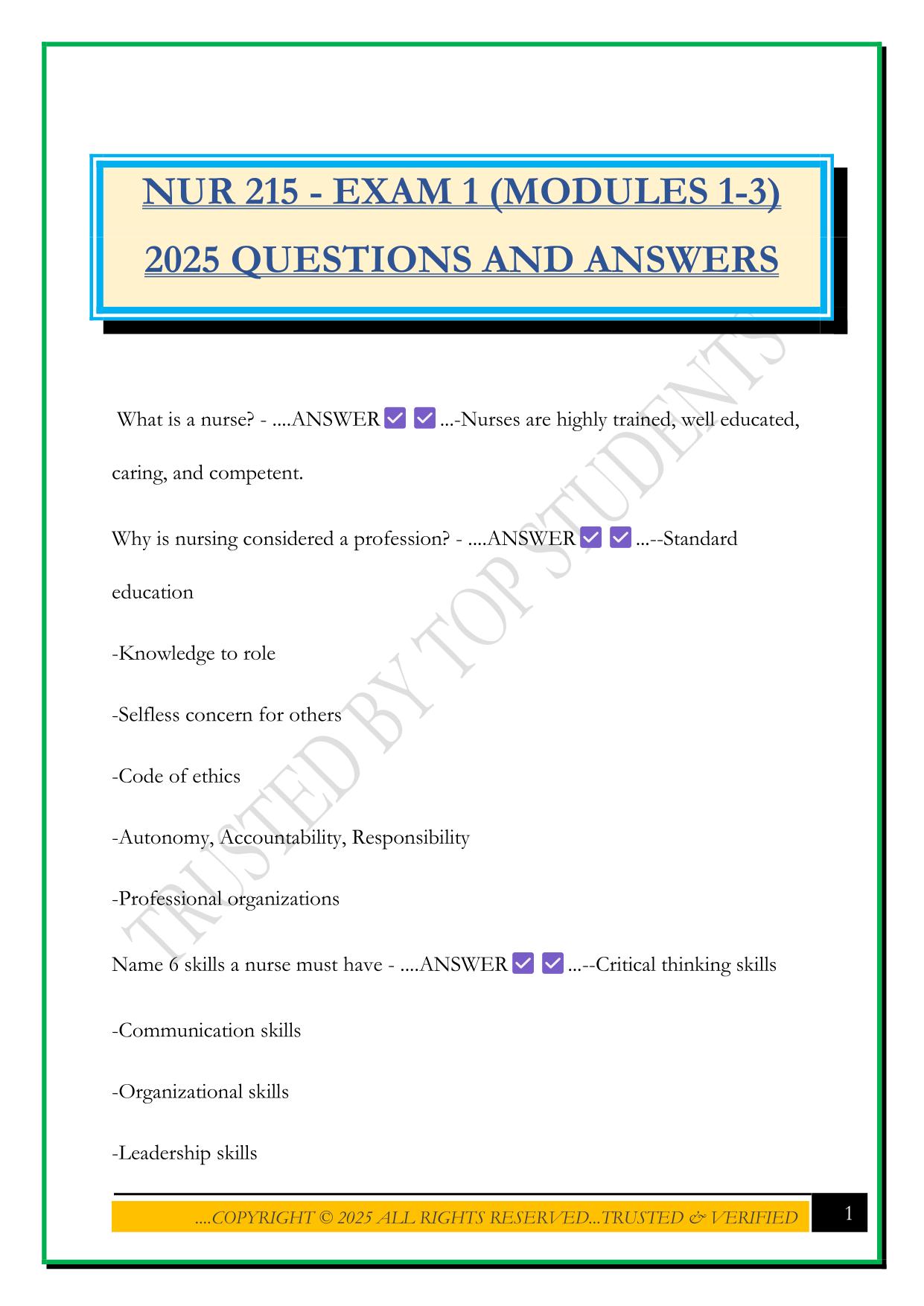 NUR 215 - EXAM 1 (MODULES 1-3) 2025 QUESTIONS AND ANSWERS