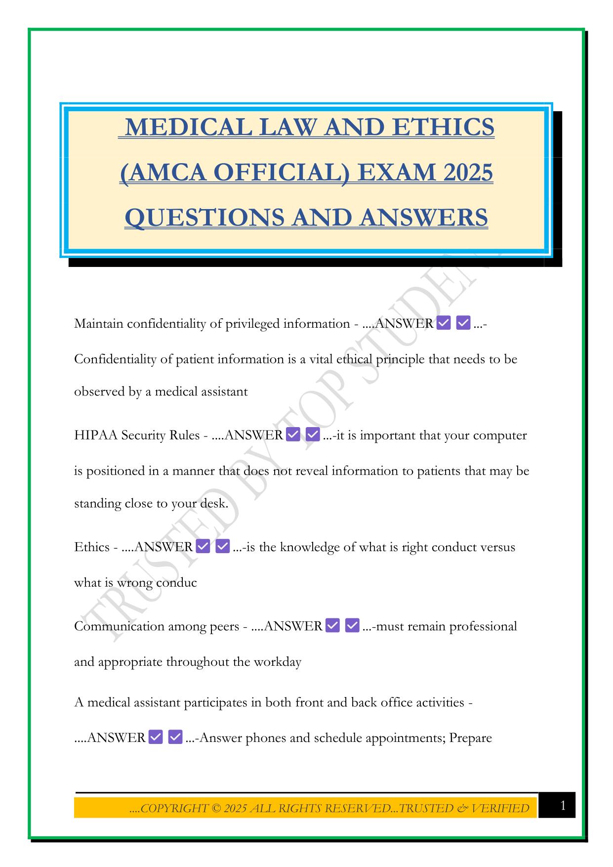 MEDICAL LAW AND ETHICS (AMCA OFFICIAL) EXAM 2025 QUESTIONS AND ANSWERS