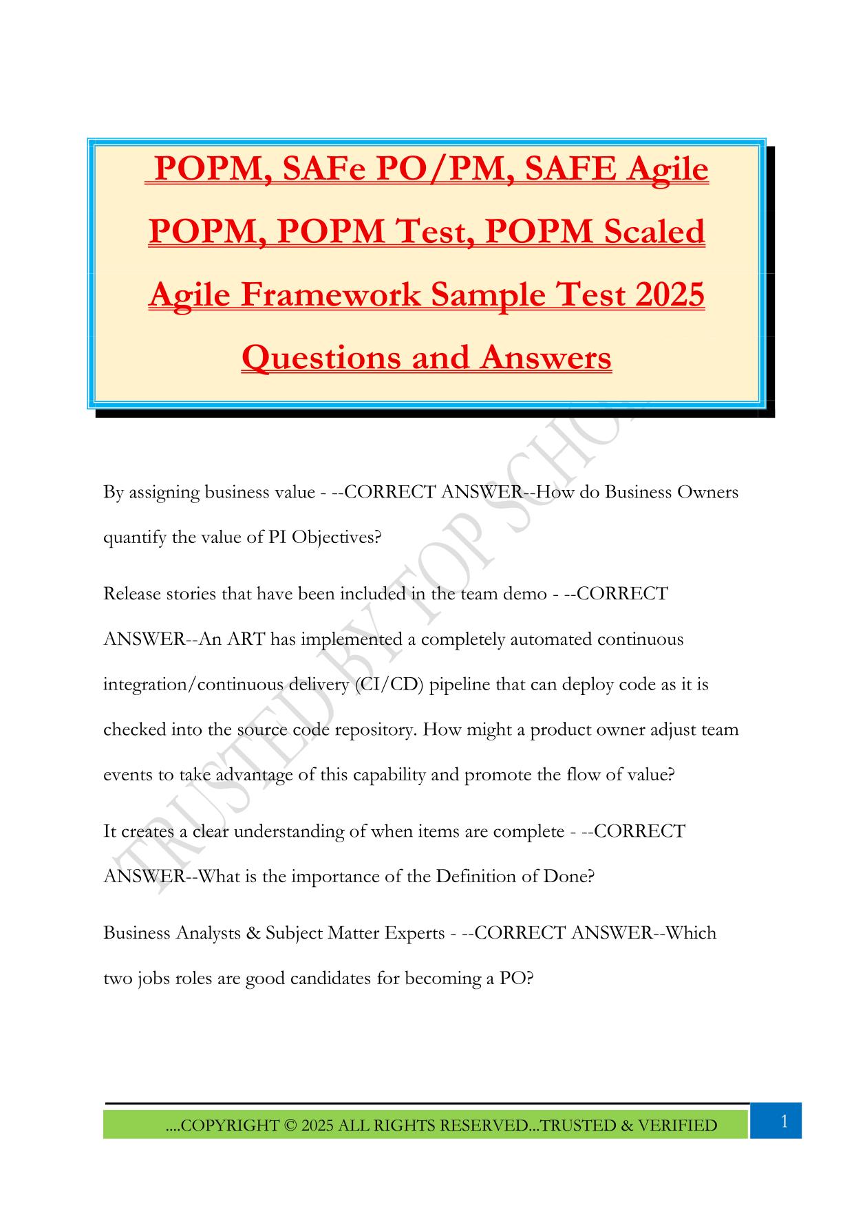 POPM, SAFe PO/PM, SAFE Agile POPM, POPM Test, POPM Scaled Agile Framework Sample Test 2025 Questions and Answer
