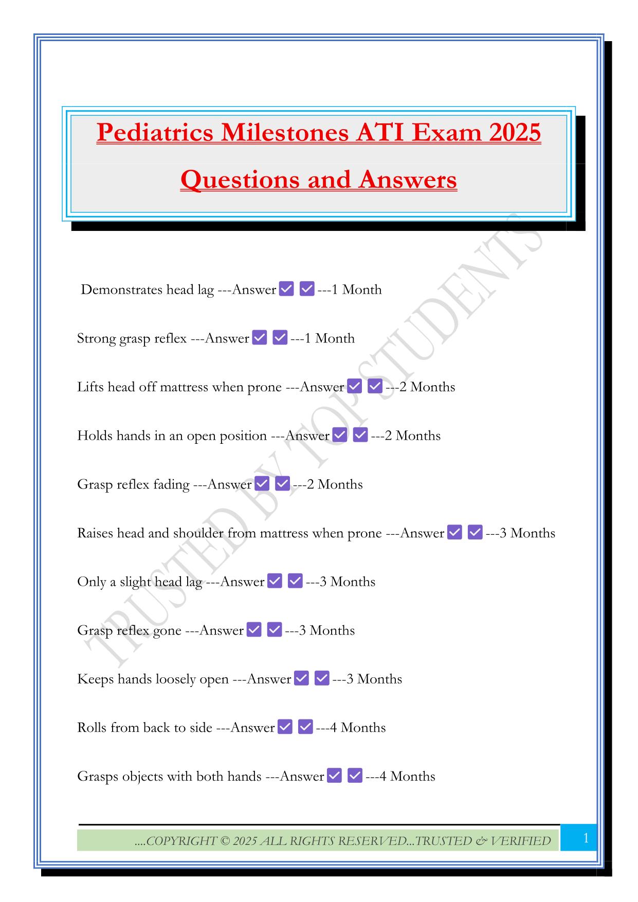 Pediatrics Milestones ATI Exam 2025 Questions and Answers
