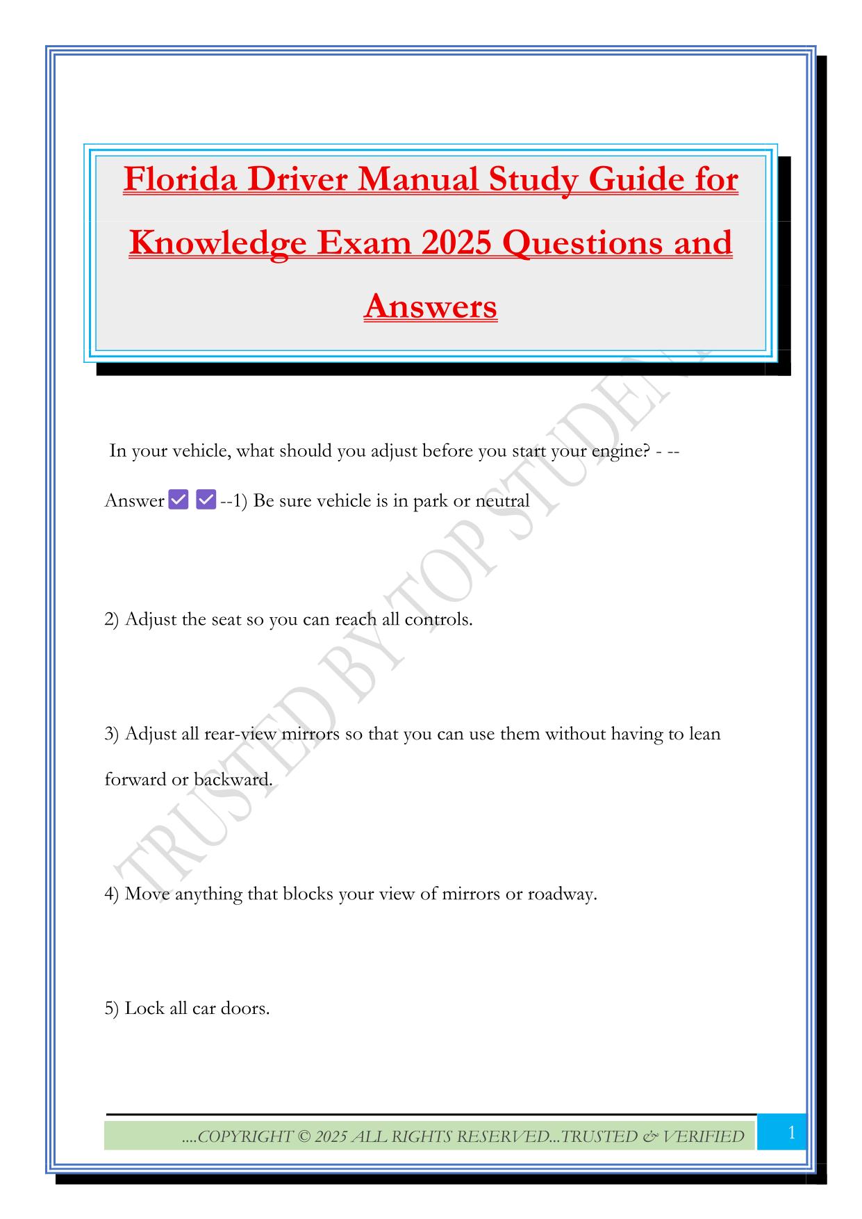 Florida Driver Manual Study Guide for Knowledge Exam 2025 Questions and Answers