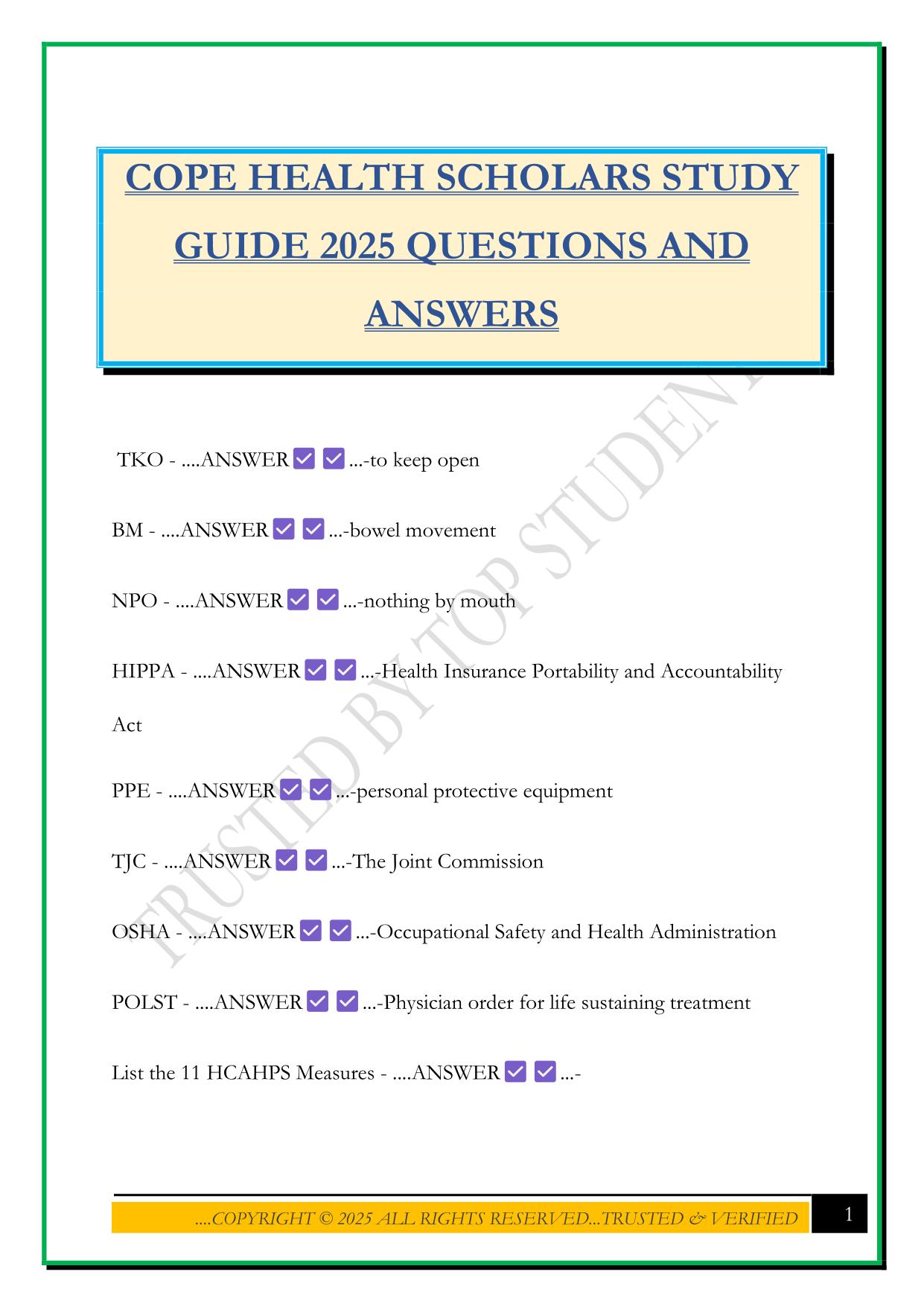 COPE HEALTH SCHOLARS STUDY GUIDE 2025 QUESTIONS AND ANSWERS