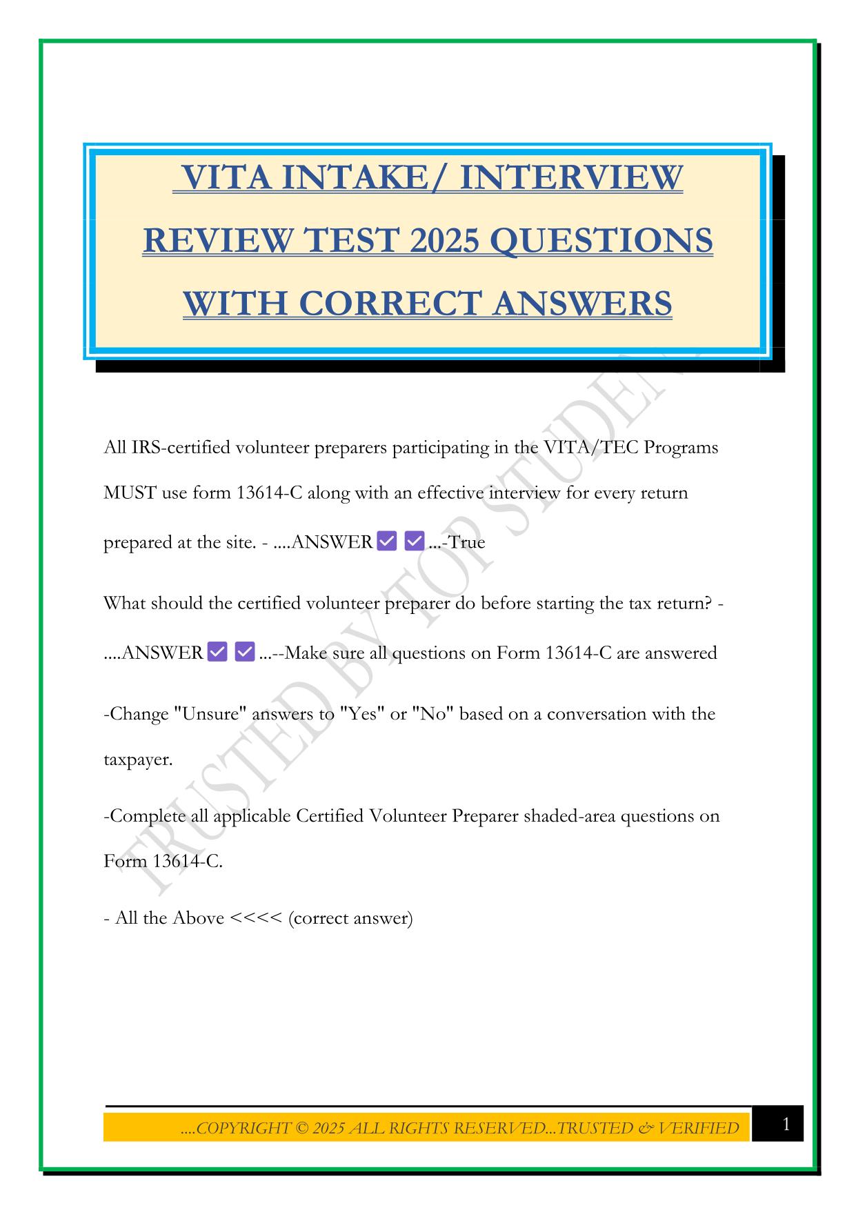 VITA INTAKE/ INTERVIEW REVIEW TEST 2025 QUESTIONS WITH CORRECT ANSWERS