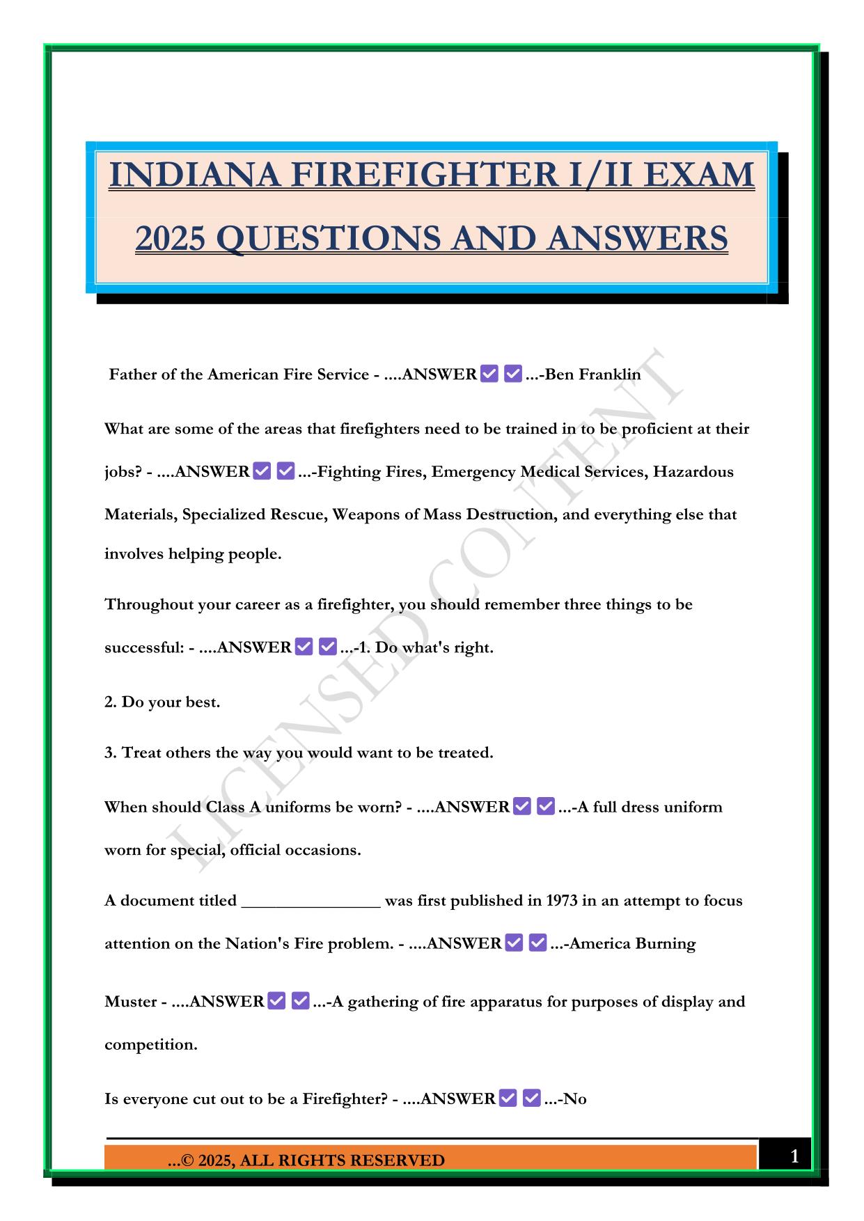 INDIANA FIREFIGHTER I/II EXAM 2025 QUESTIONS AND ANSWERS