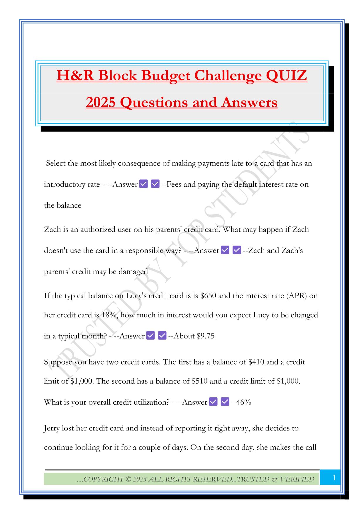 H&R Block Budget Challenge QUIZ 2025 Questions and Answers