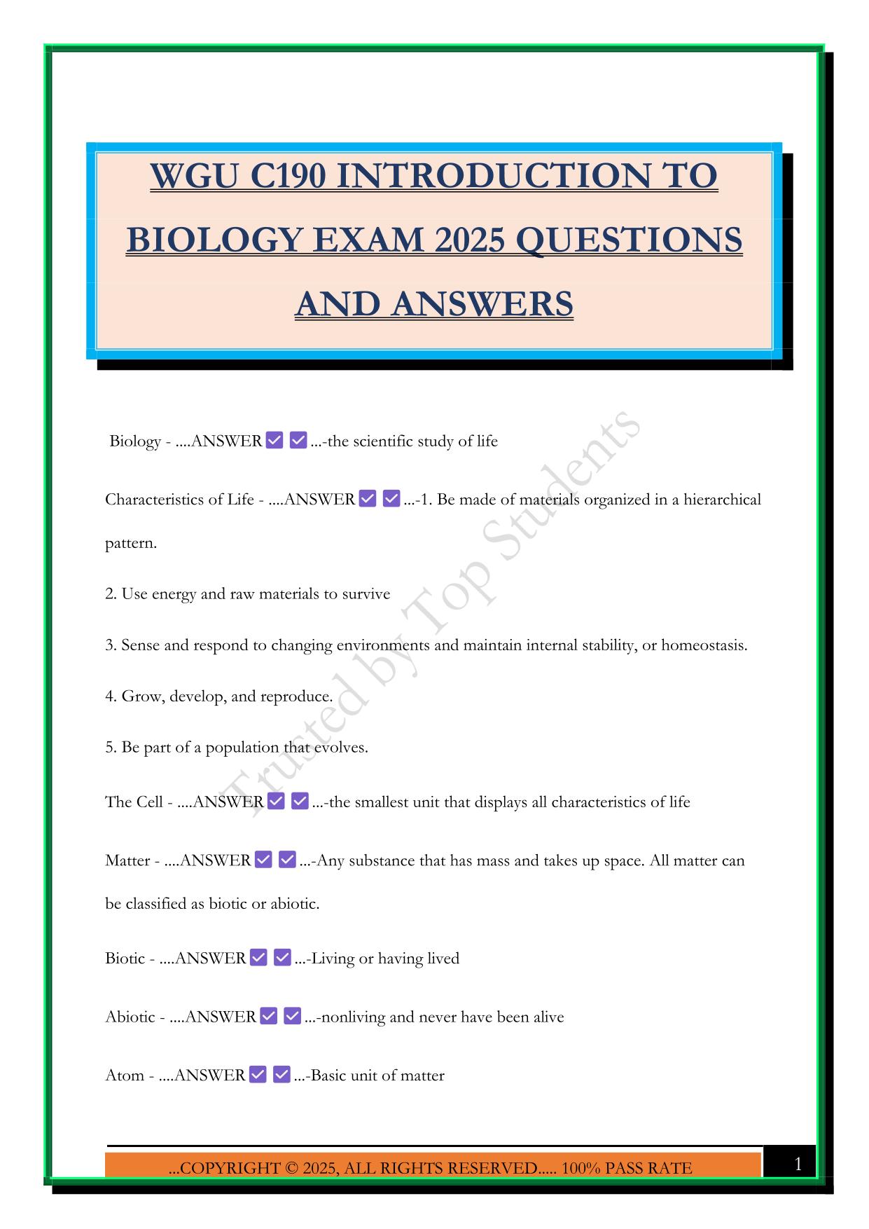 WGU C190 INTRODUCTION TO BIOLOGY EXAM 2025 QUESTIONS AND ANSWERS