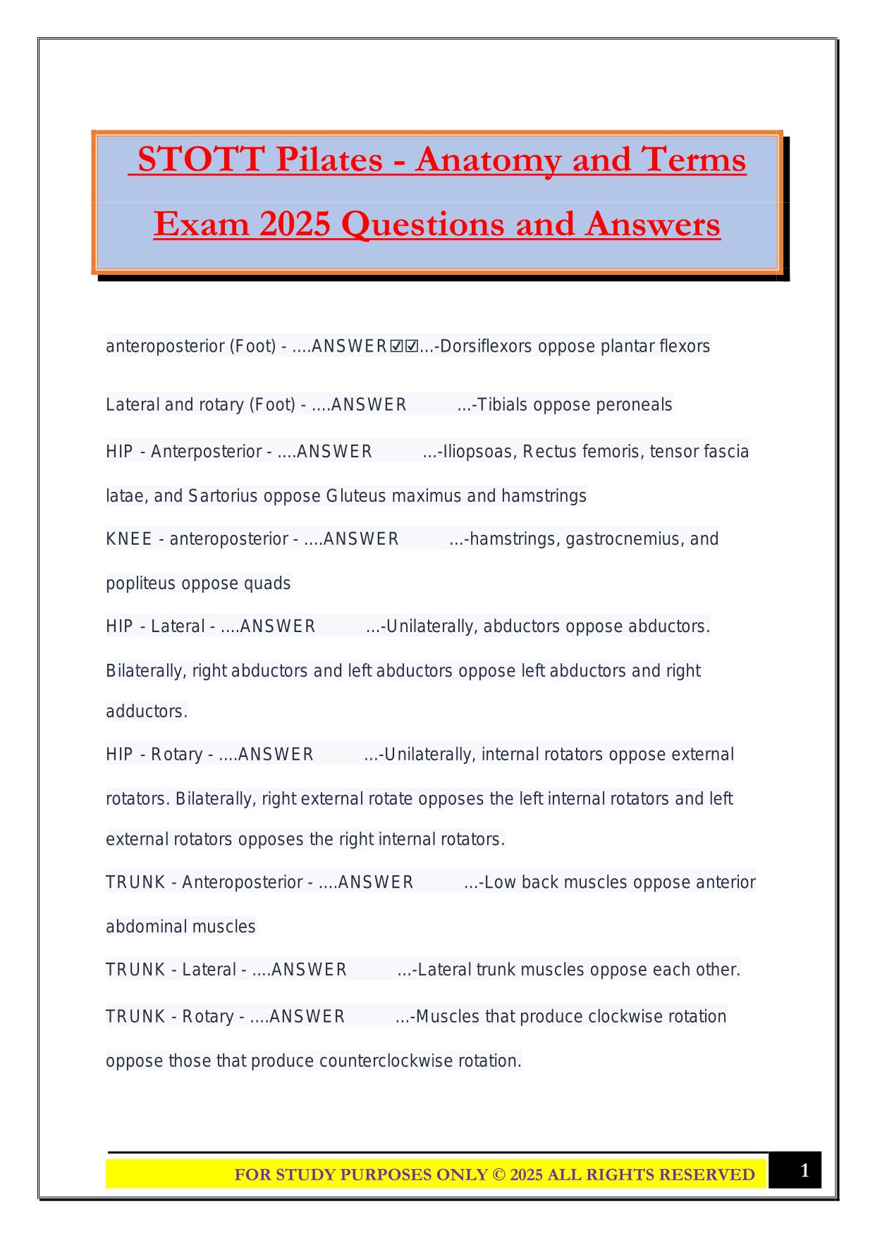 STOTT Pilates - Anatomy and Terms Exam 2025 Questions and Answers