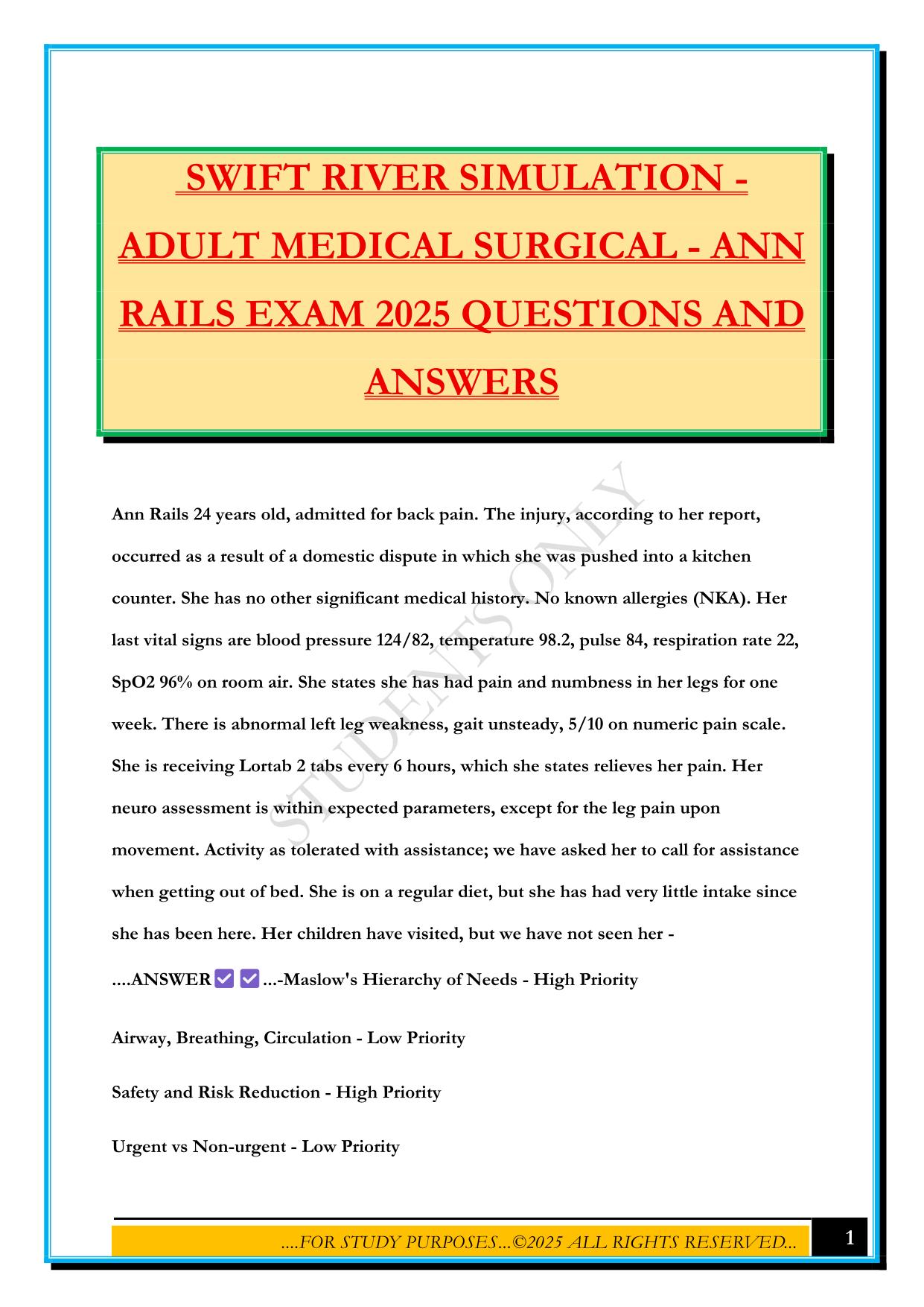 SWIFT RIVER SIMULATION - ADULT MEDICAL SURGICAL - ANN RAILS EXAM 2025 QUESTIONS AND ANSWERS