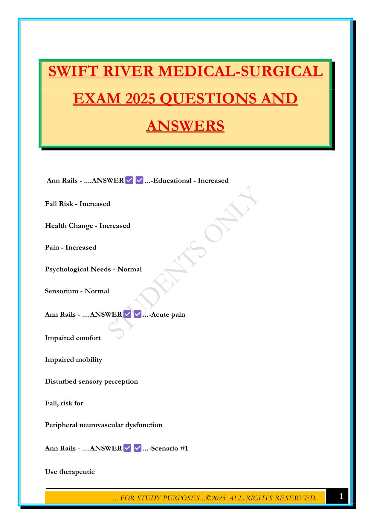 SWIFT RIVER MEDICAL-SURGICAL EXAM 2025 QUESTIONS AND ANSWERS