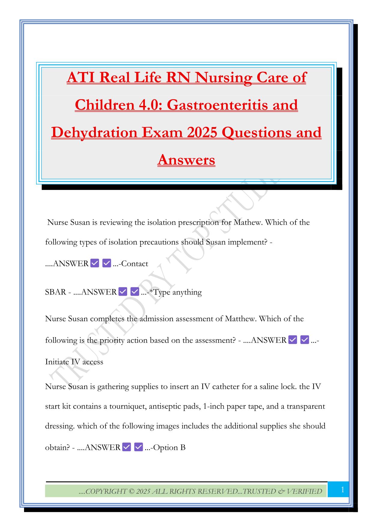 ATI Real Life RN Nursing Care of Children 4.0: Gastroenteritis and Dehydration Exam 2025 Questions and Answers