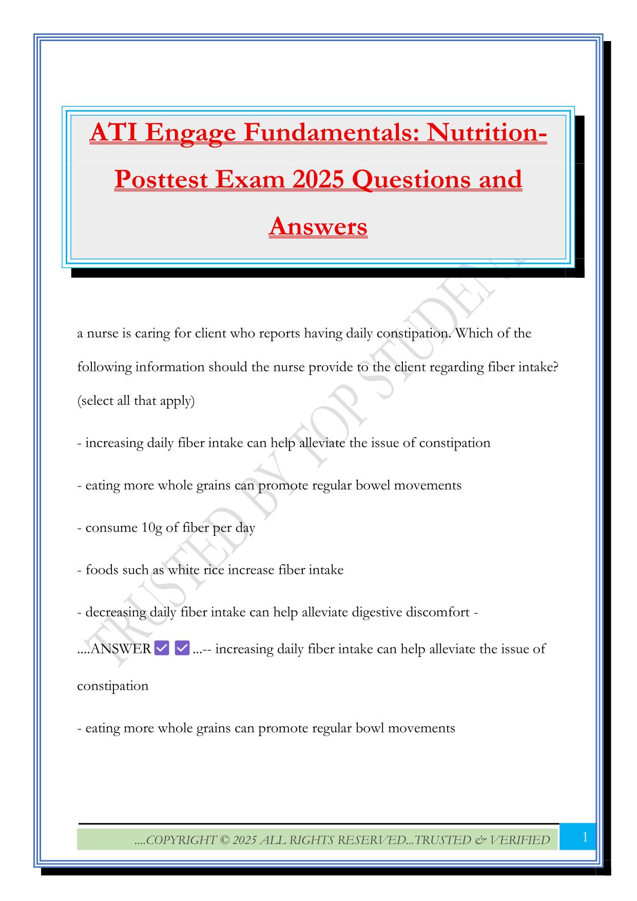 ATI Engage Fundamentals: Nutrition- Posttest Exam 2025 Questions and Answers