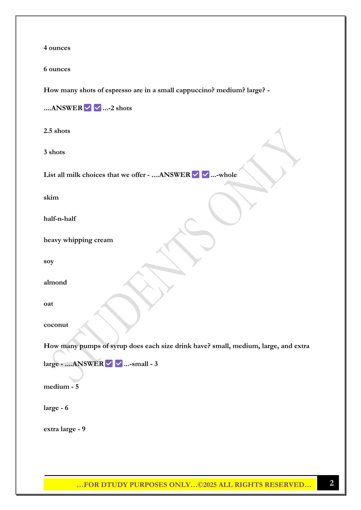 PJ'S BARISTA QUIZ 2025 QUESTIONS AND ANSWERS