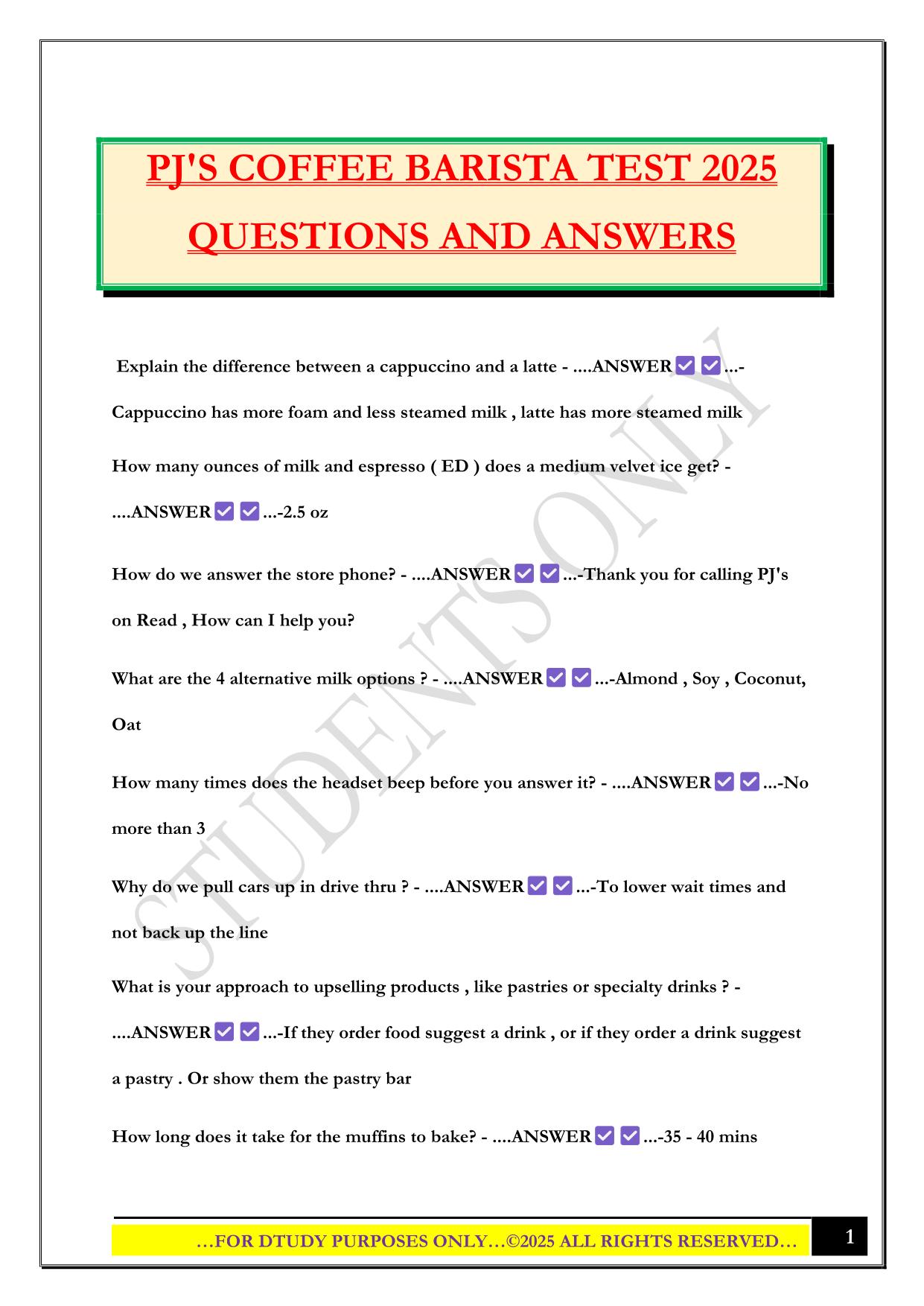PJ'S COFFEE BARISTA TEST 2025 QUESTIONS AND ANSWERS