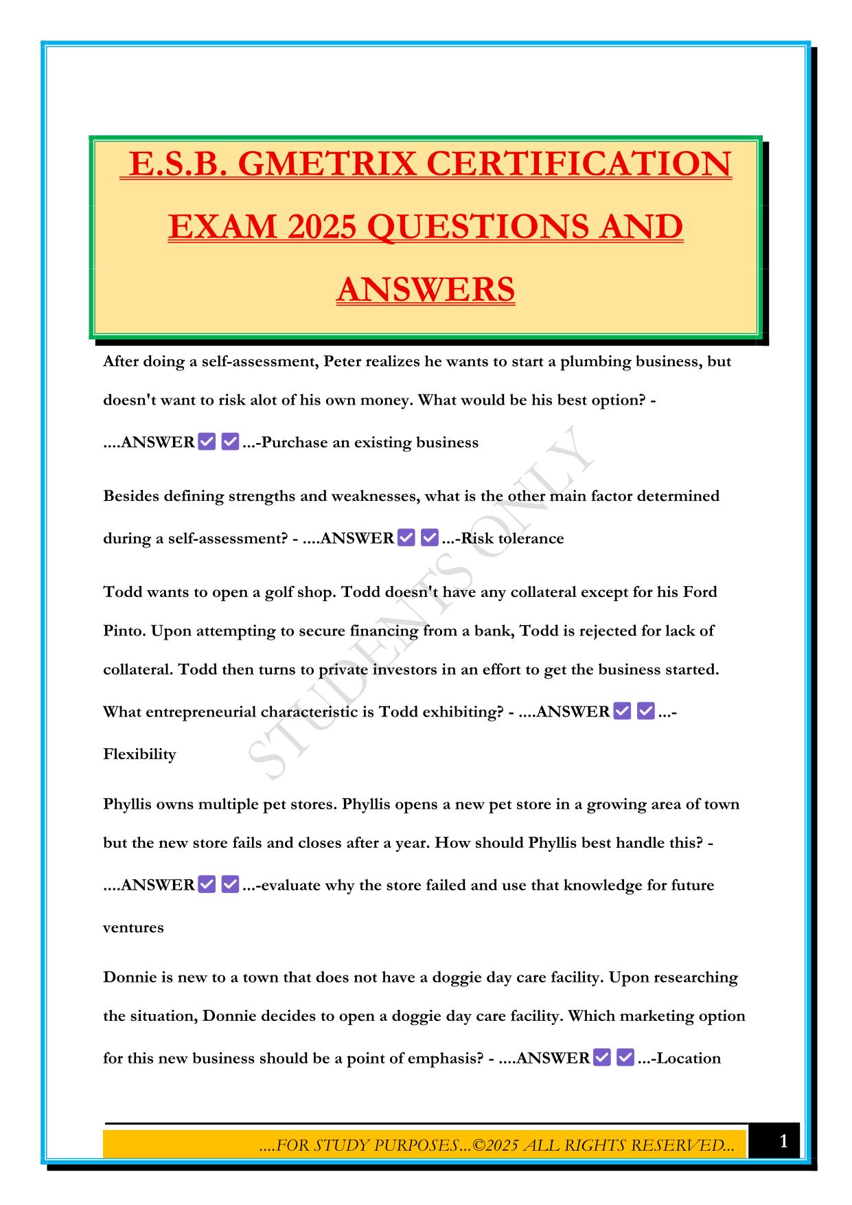E.S.B. GMETRIX CERTIFICATION EXAM 2025 QUESTIONS AND ANSWERS