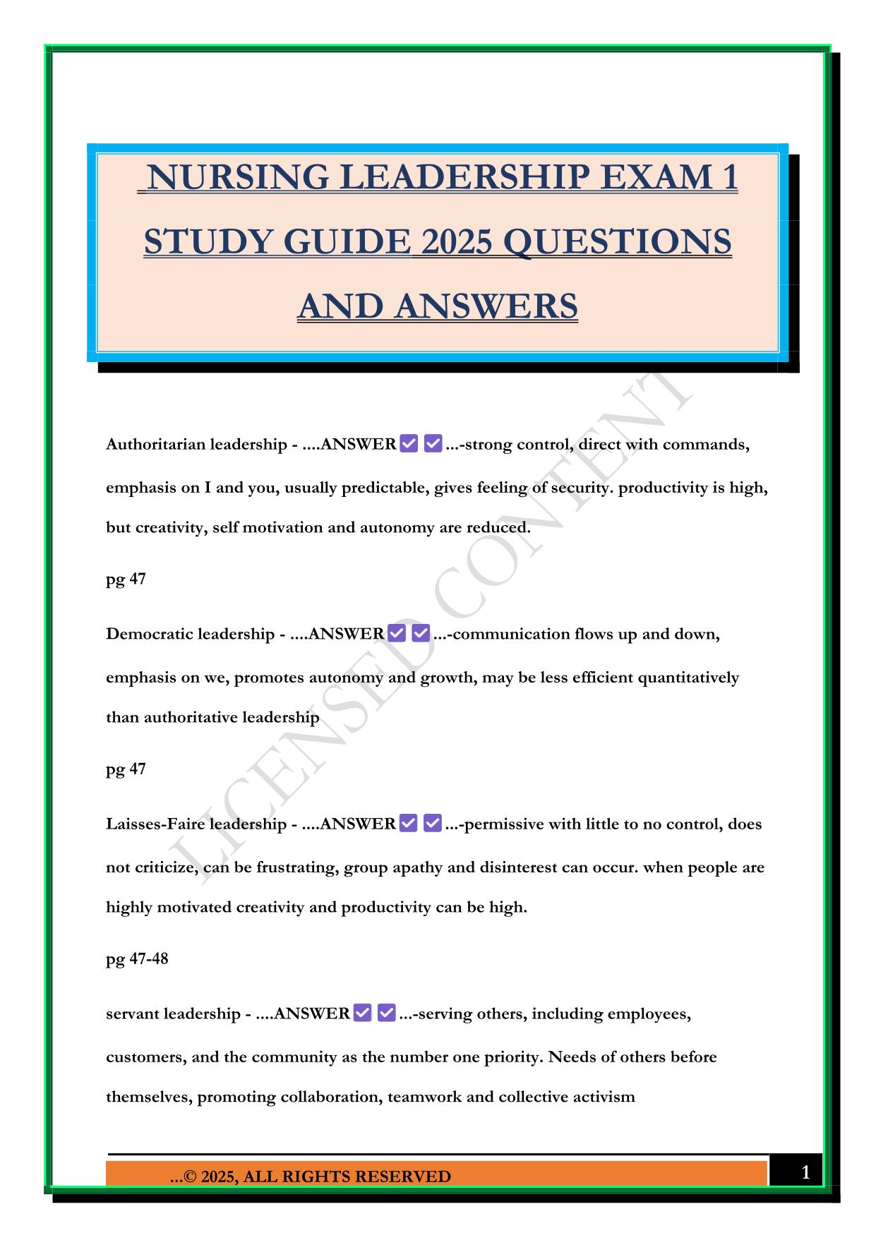 NURSING LEADERSHIP EXAM 1 STUDY GUIDE 2025 QUESTIONS AND ANSWERS