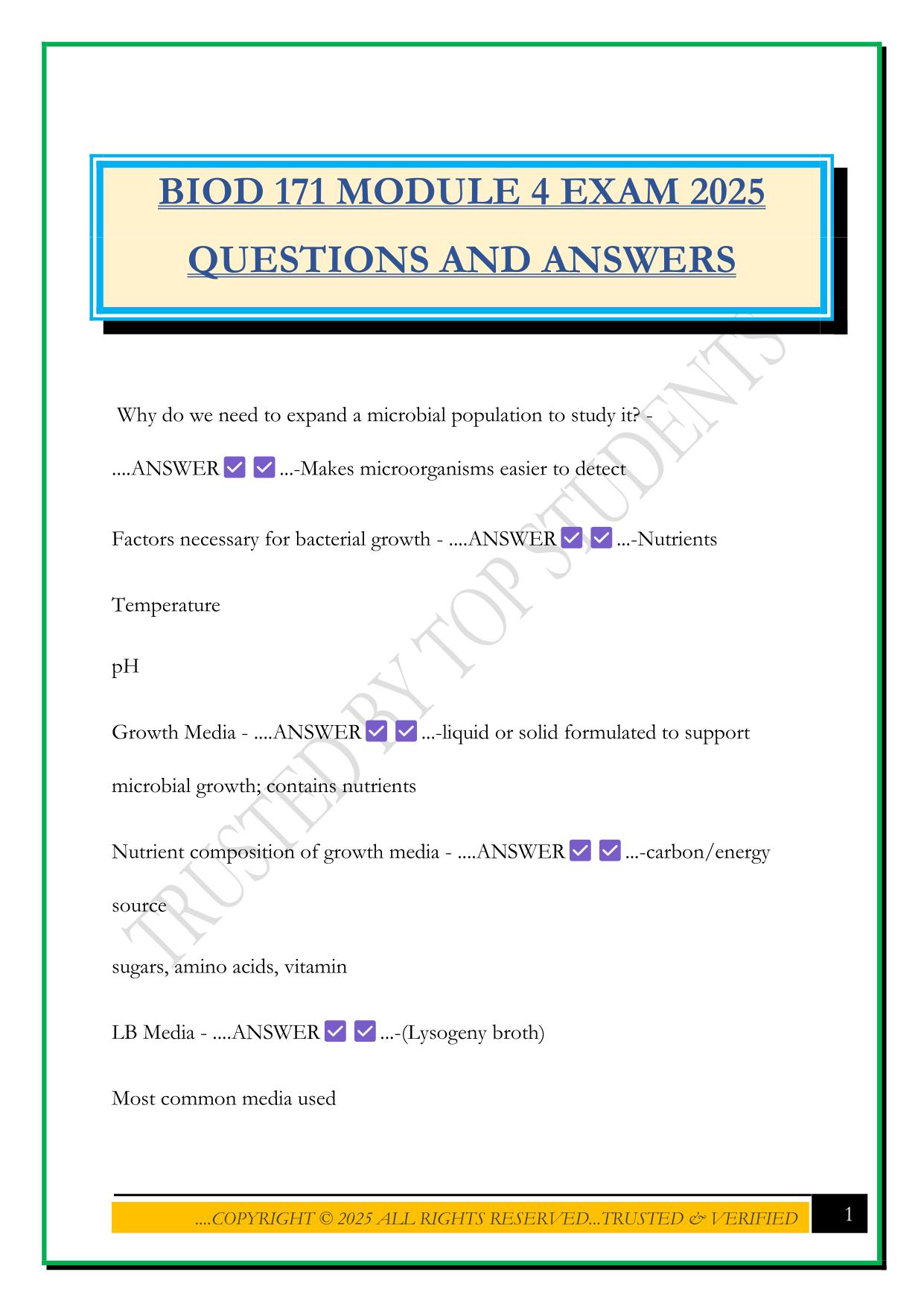 BIOD 171 MODULE 4 EXAM 2025 QUESTIONS AND ANSWERS
