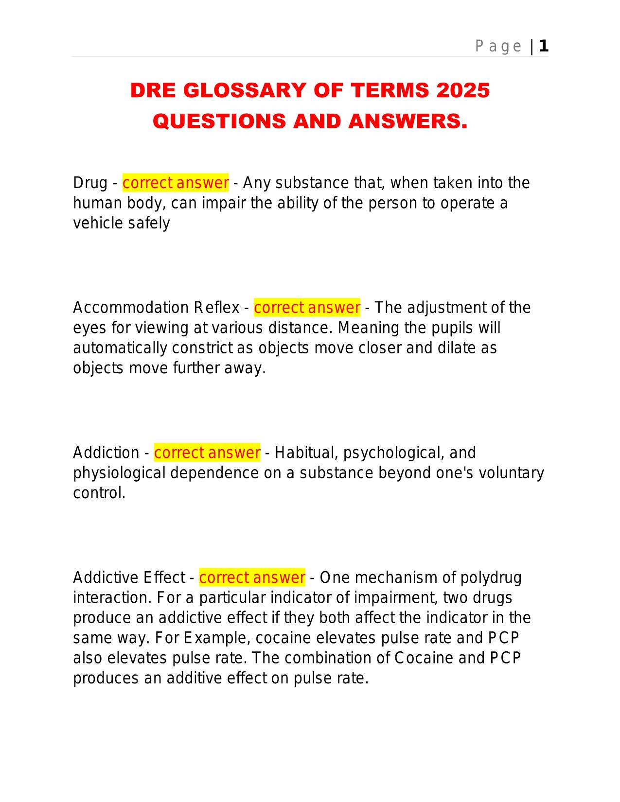 DRE GLOSSARY OF TERMS 2025 QUESTIONS AND ANSWERS.