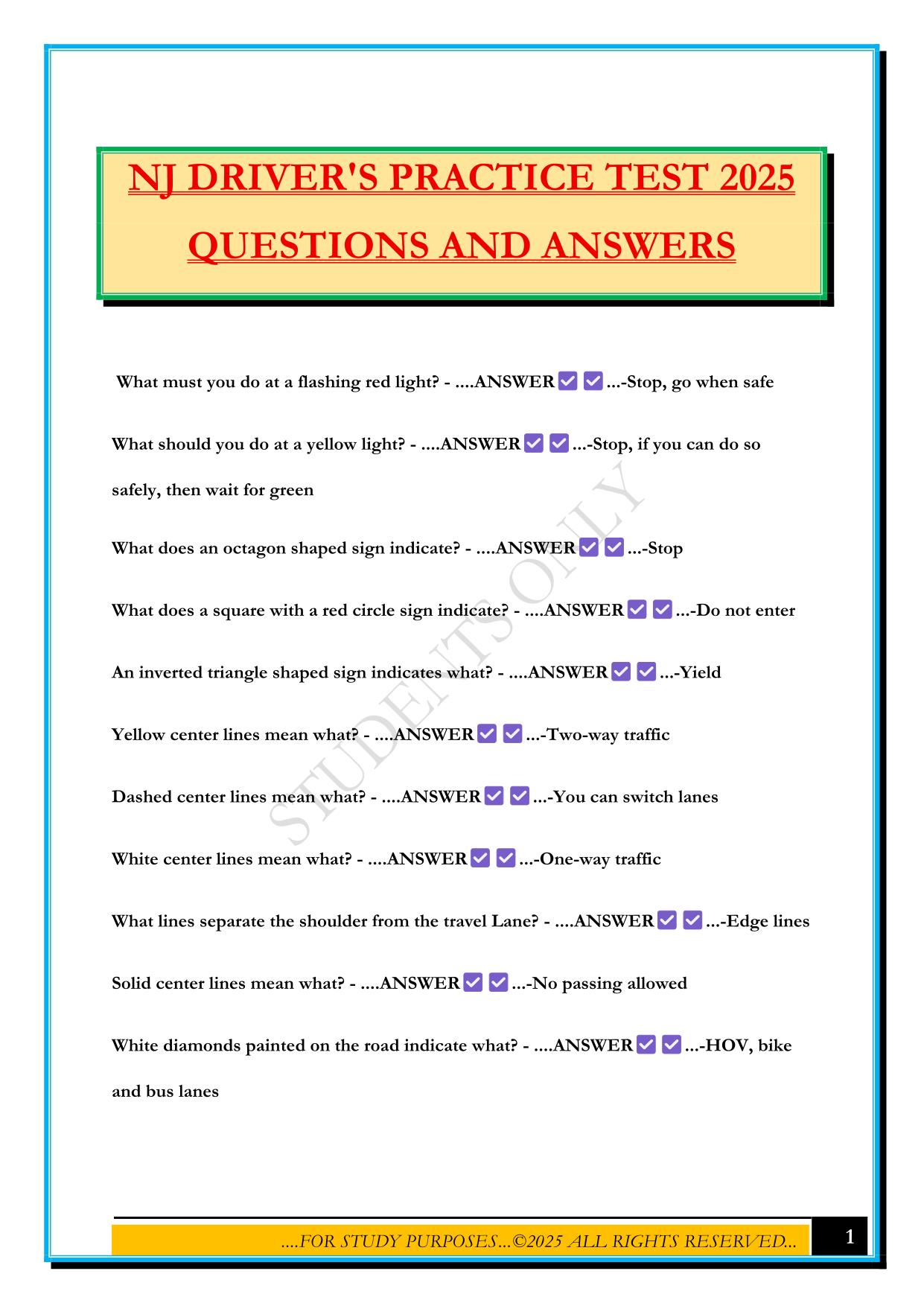 NJ DRIVER'S PRACTICE TEST 2025 QUESTIONS AND ANSWERS
