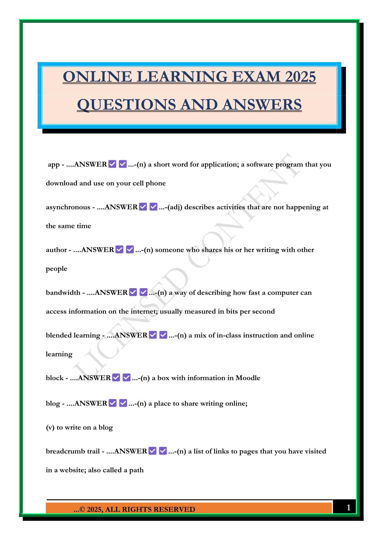ONLINE LEARNING EXAM 2025 QUESTIONS AND ANSWERS