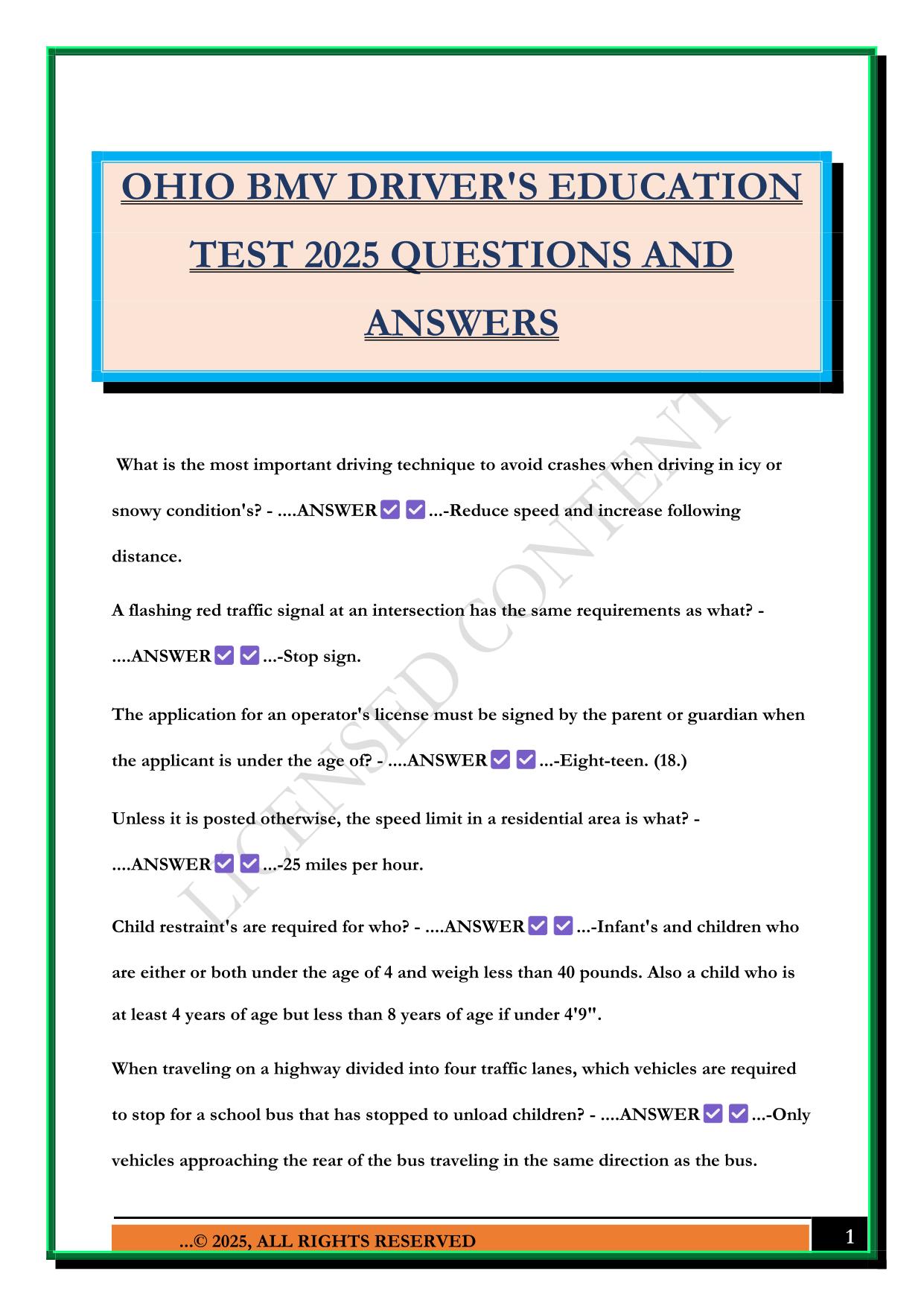 OHIO BMV DRIVER'S EDUCATION TEST 2025 QUESTIONS AND ANSWERS