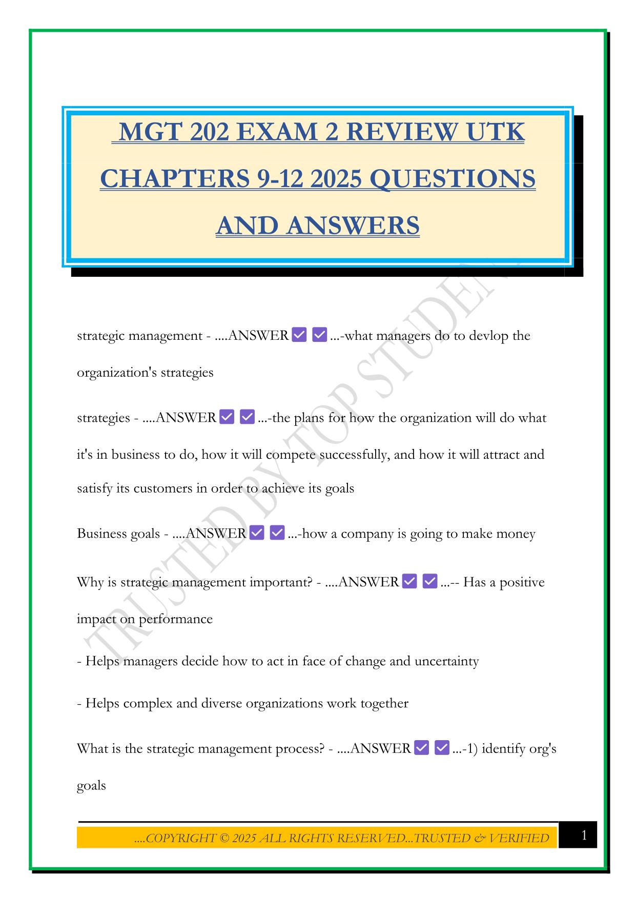 MGT 202 EXAM 2 REVIEW UTK CHAPTERS 9-12 2025 QUESTIONS AND ANSWERS
