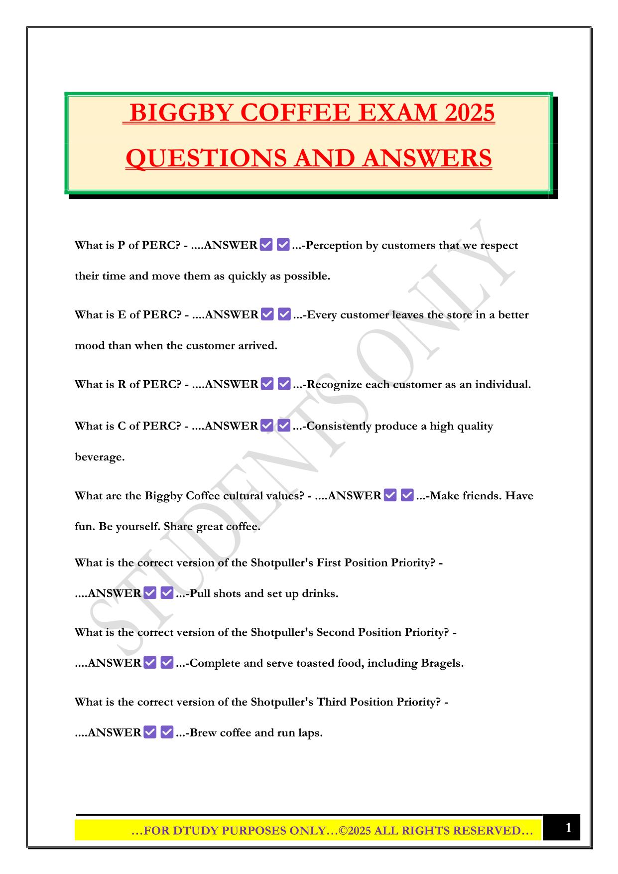 BIGGBY COFFEE EXAM 2025 QUESTIONS AND ANSWERS