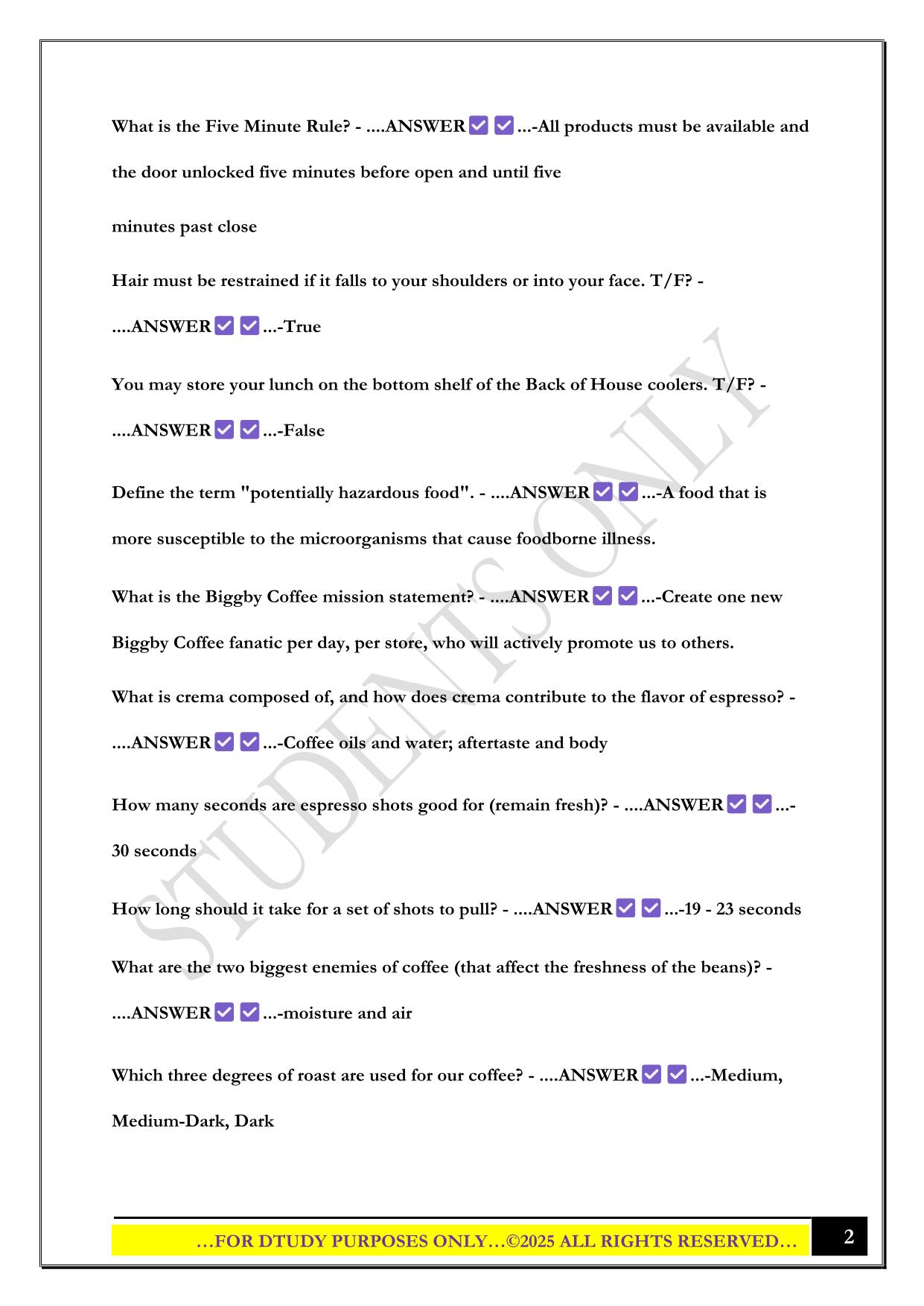 BIGGBY COFFEE EXAM 2025 QUESTIONS AND ANSWERS