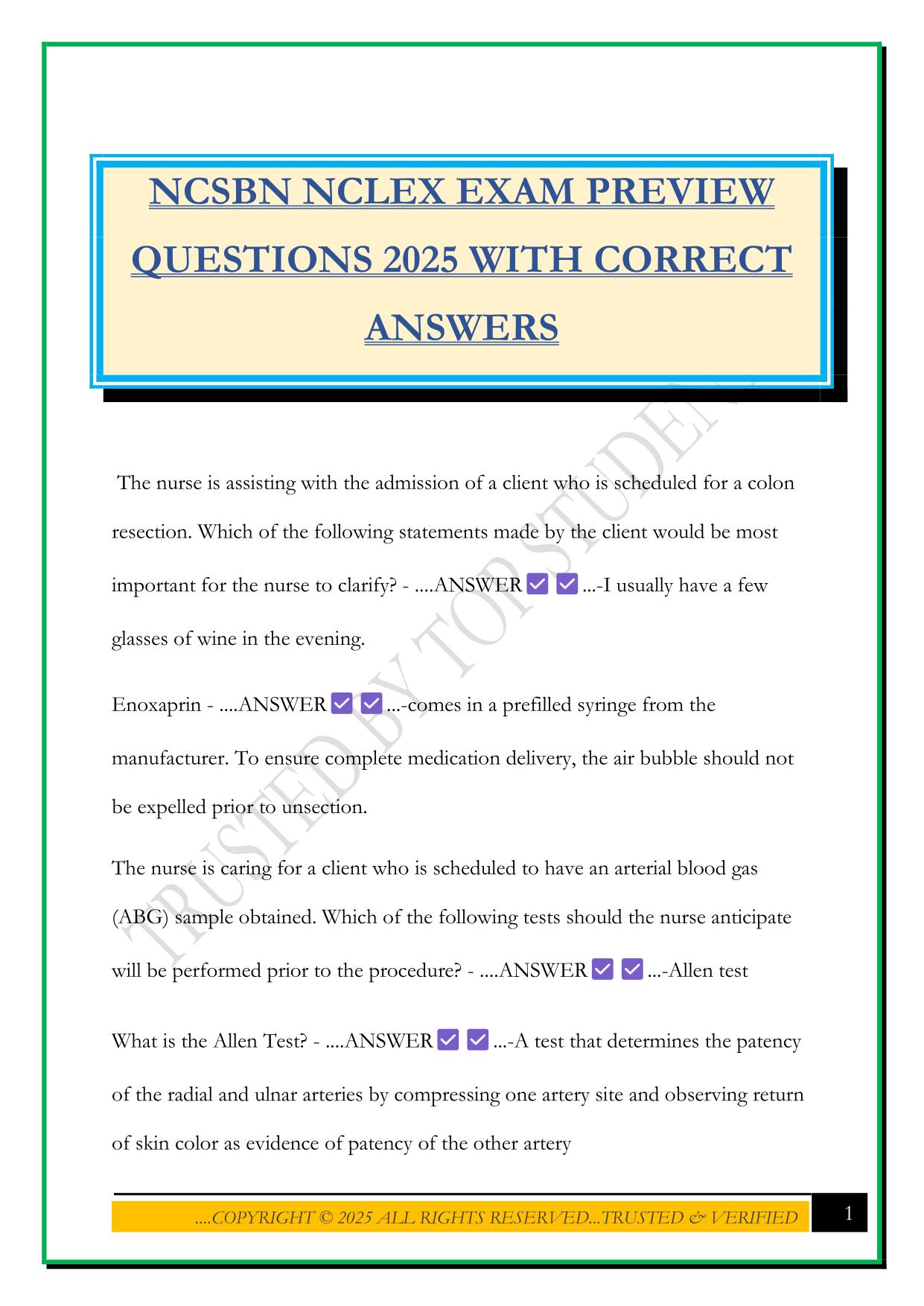 NCSBN NCLEX EXAM PREVIEW QUESTIONS 2025 WITH CORRECT ANSWERS