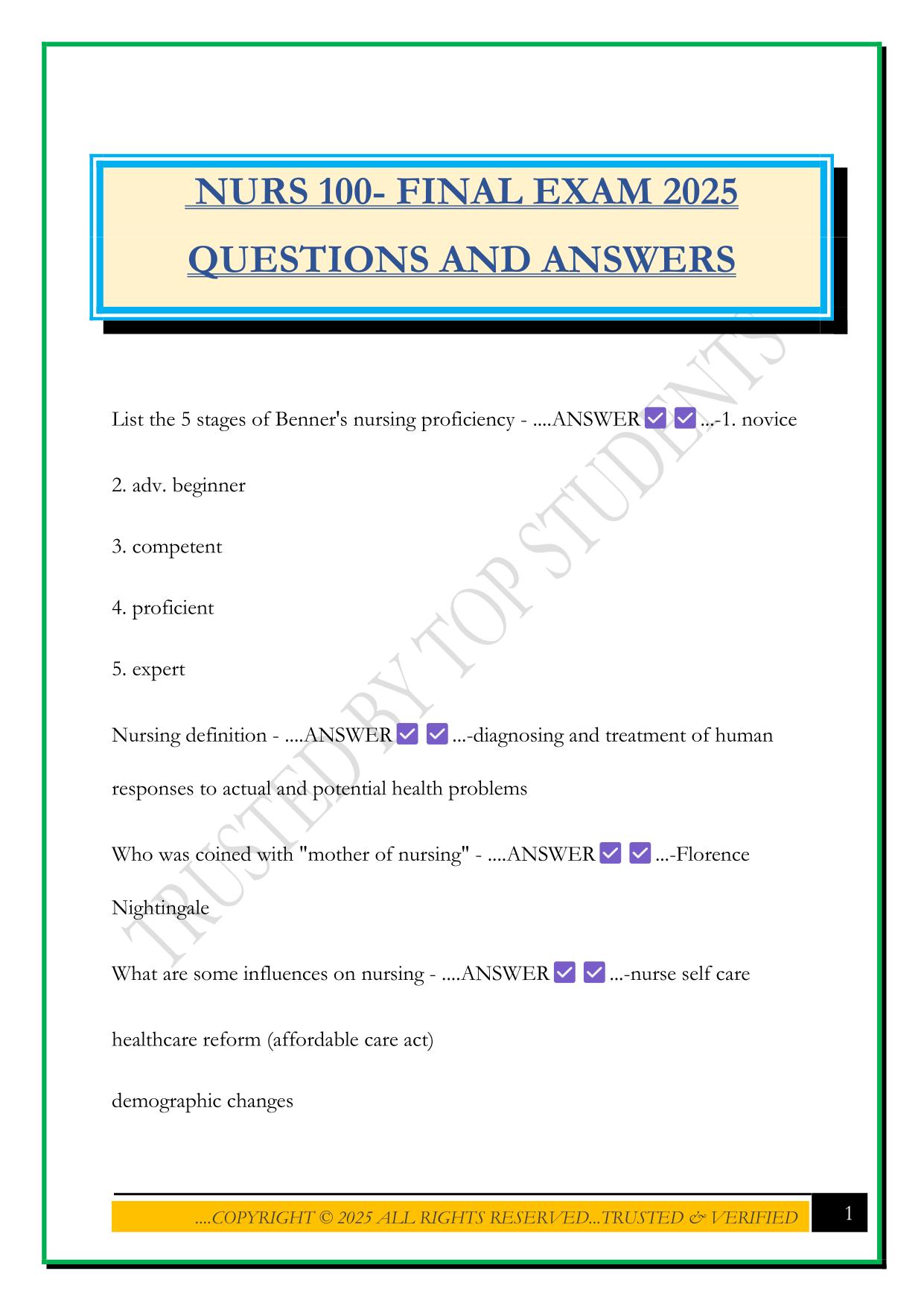 NURS 100- FINAL EXAM 2025 QUESTIONS AND ANSWERS
