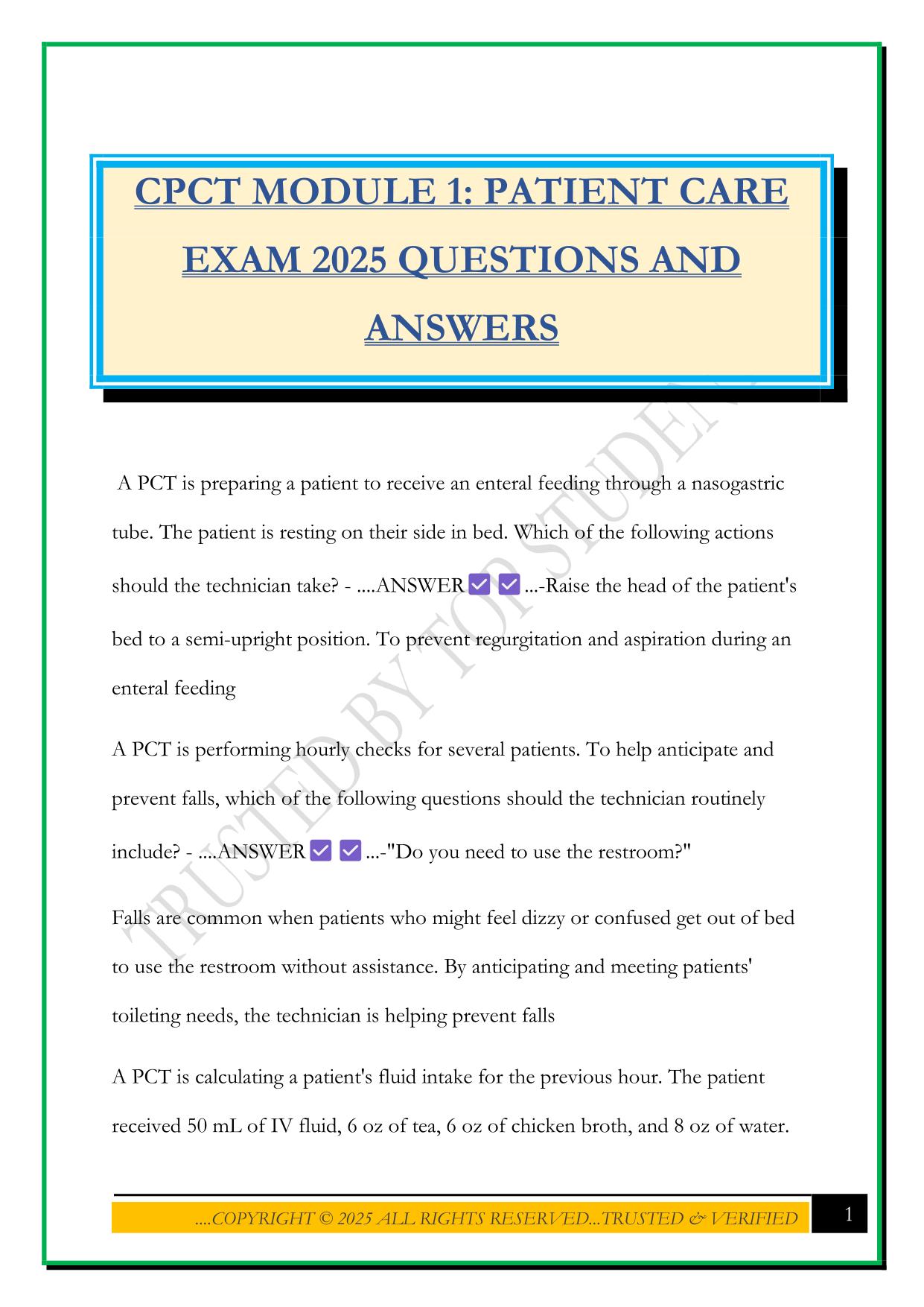 CPCT MODULE 1: PATIENT CARE EXAM 2025 QUESTIONS AND ANSWERS