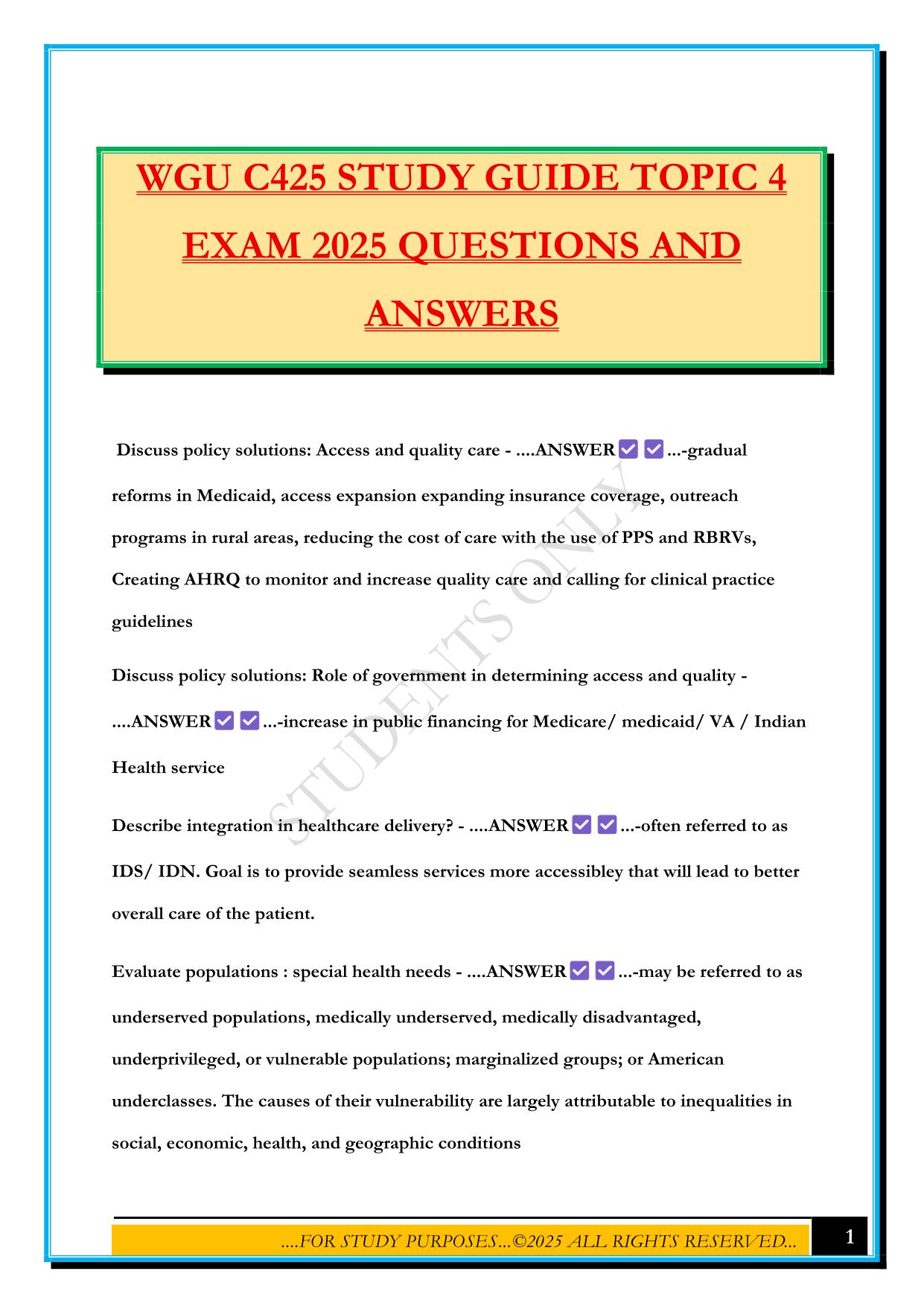 WGU C425 STUDY GUIDE TOPIC 4 EXAM 2025 QUESTIONS AND ANSWERS