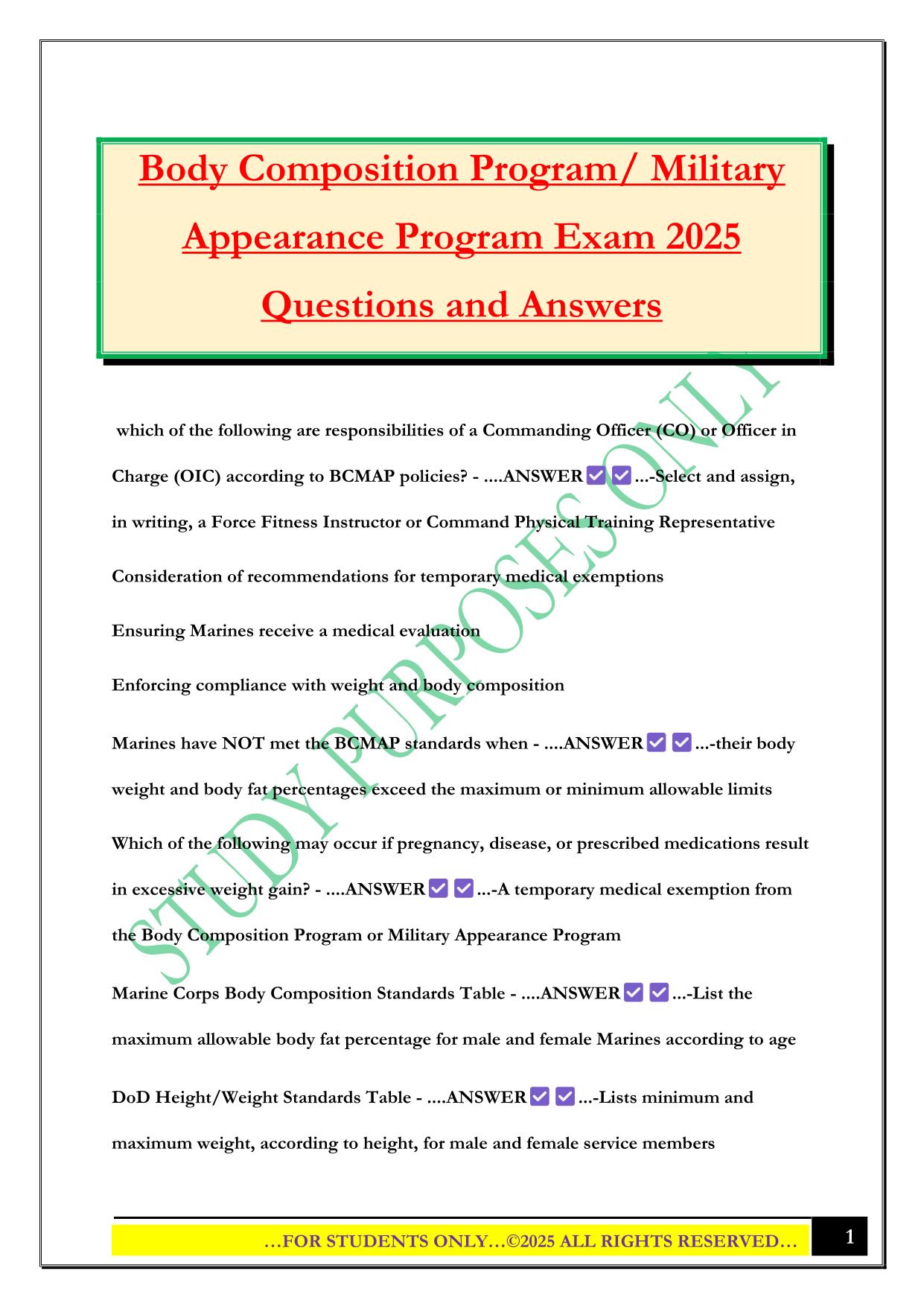 Body Composition Program/ Military Appearance Program Exam 2025 Questions and Answers